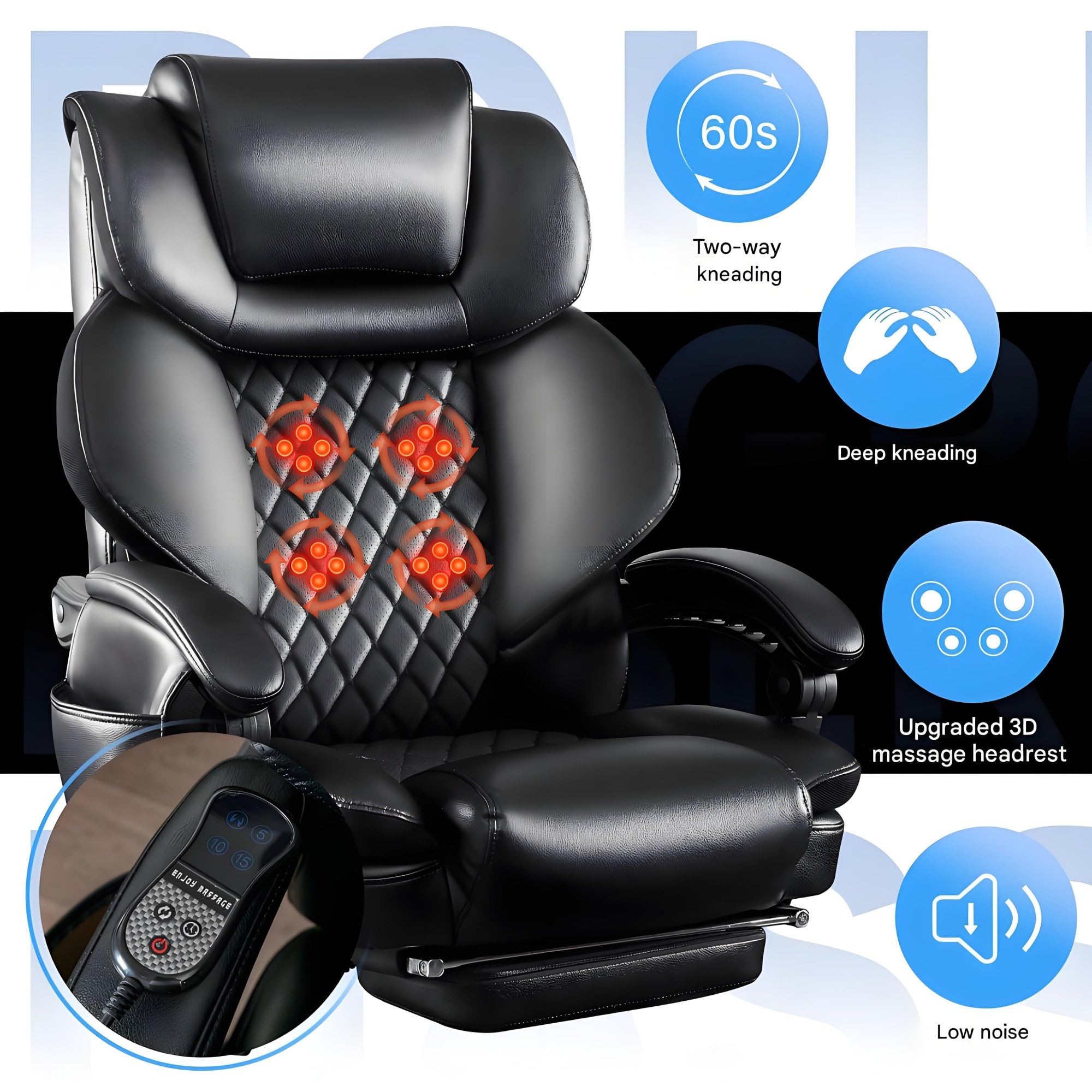 Wytrzymały czarny fotel biurowy, nośność 230 kg, z funkcją masażu, ergonomiczny duży fotel biurowy, regulowane oparcie, z pedałem i poduszką na talię, obrotowy fotel skórzany