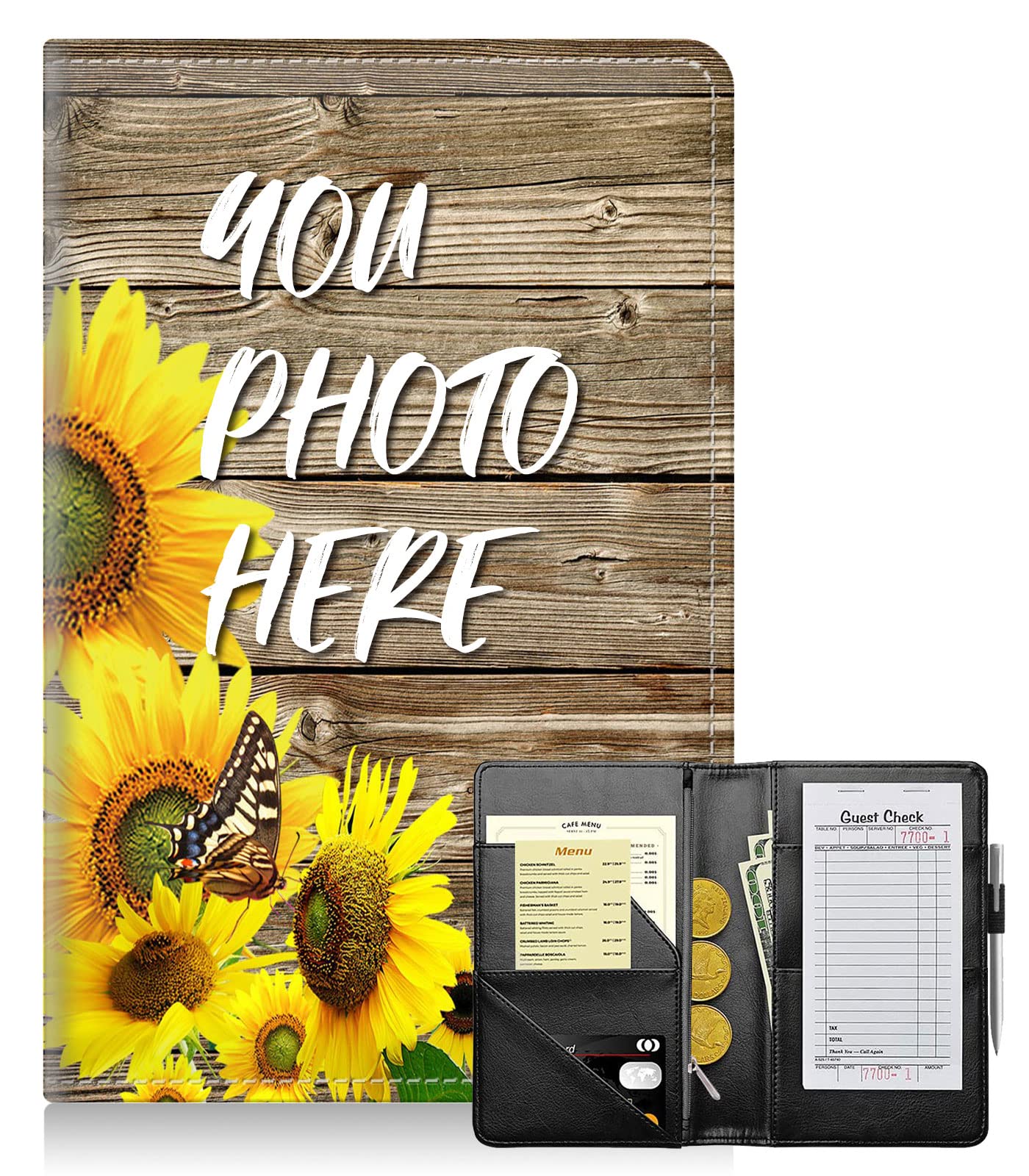 Customized Server Books for Waitress,Personalized Leather Waiter Book Server Wallet with Zipper Pocket,Guest Check Book Waitstaff Organizer with Money Pocket Fit Server Apron