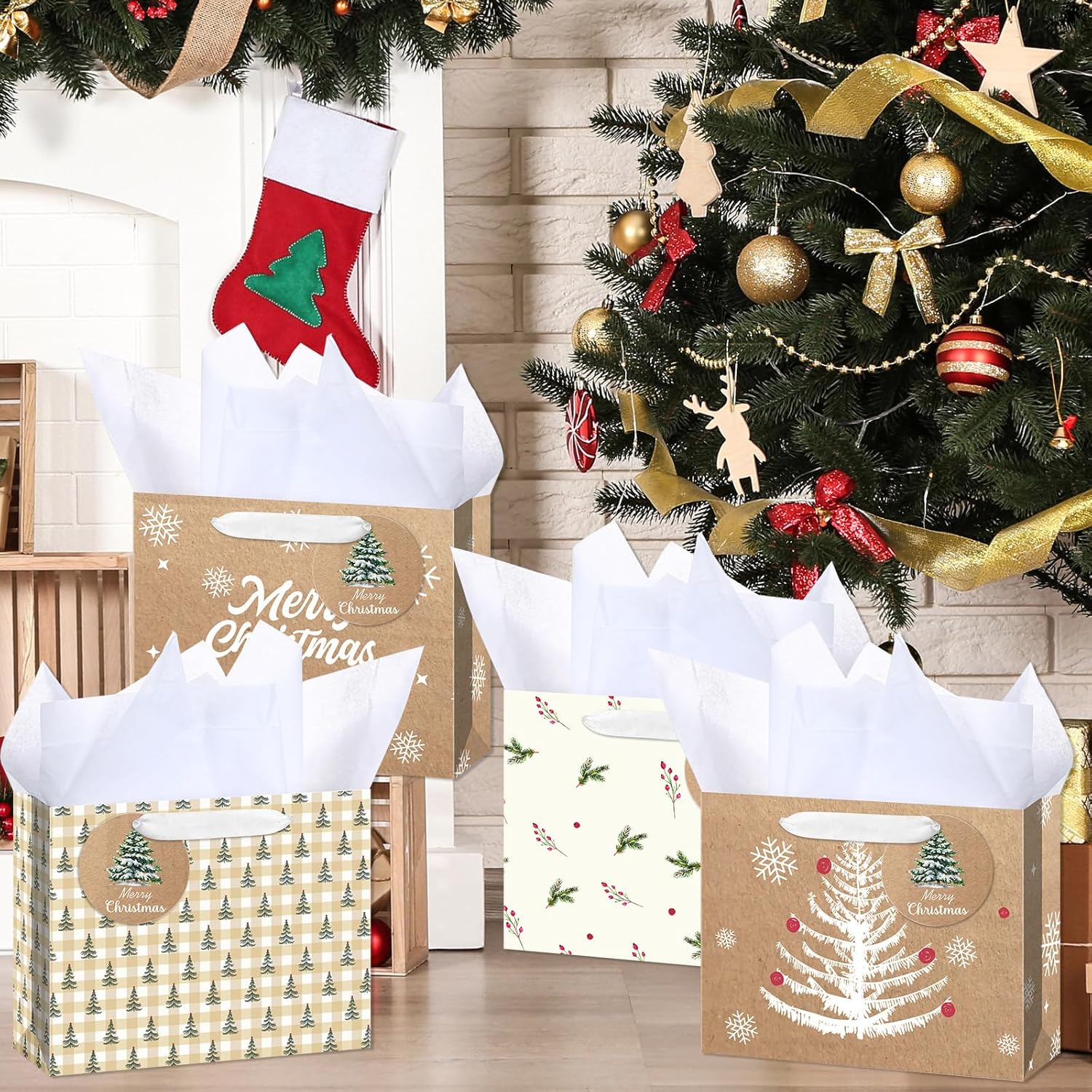 AmazingSpark 16 Pcs Christmas Gift Bags with Tissue Paper and Handle Neutral Nutcracker Christmas Holiday Paper Gift Bags with Tag for Party Favor Wrap Present Giving 4 Style, 10 x 8 x 4 Inch(Stylish) - Image 6