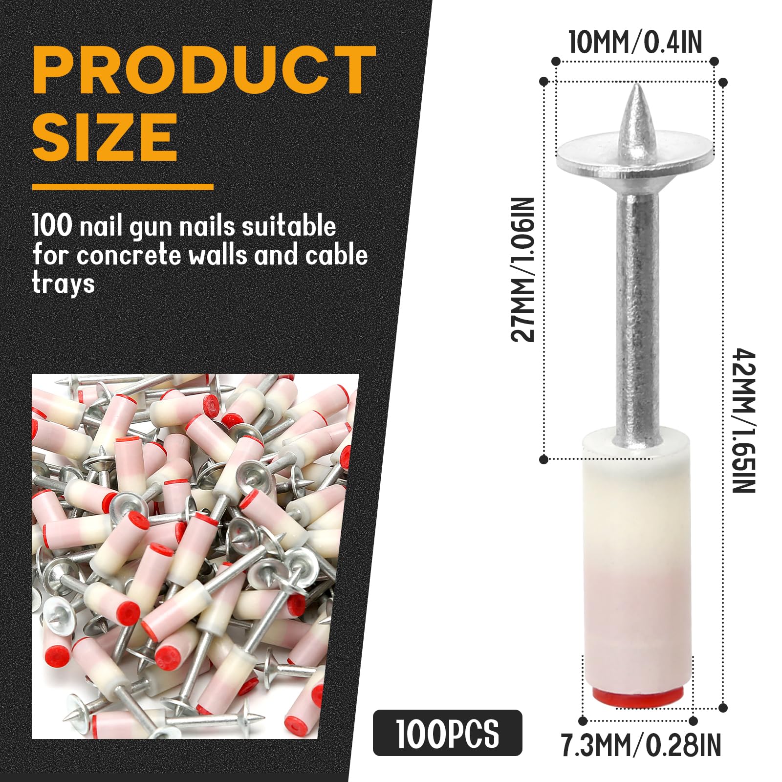 100Pcs Nägel für Nagelpistole, Nagelpistole Stahlnägel mit Durchmesser 7,3 mm, Mini bolzenschussgerät nägel für Betonwände und canaline elettriche