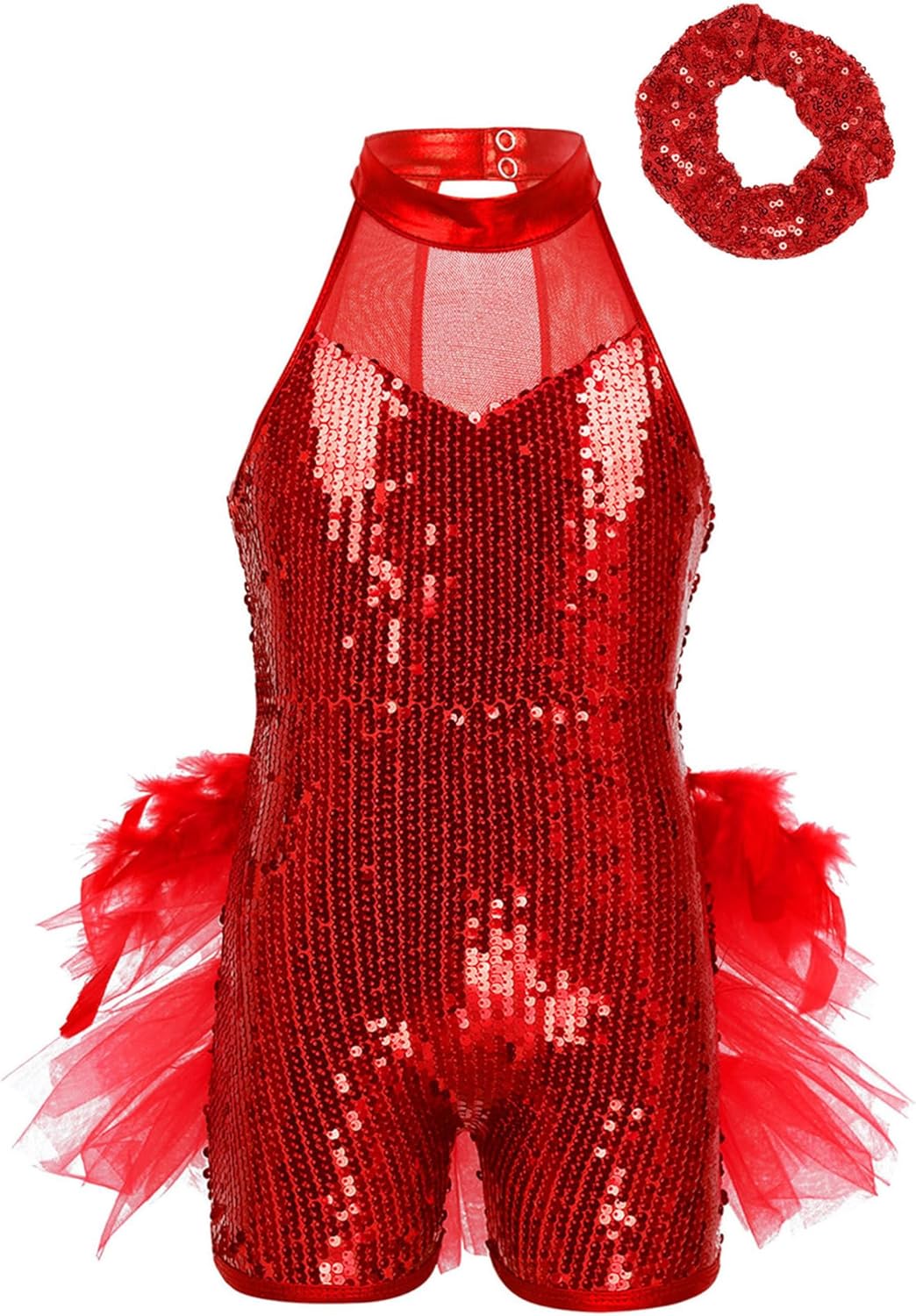 ranrann Girl's Halter Sequins Latin Ballet Dance Dress Ruffle Tutu Jumpsuit Shiny Ballroom Dance Costume with Hair Band