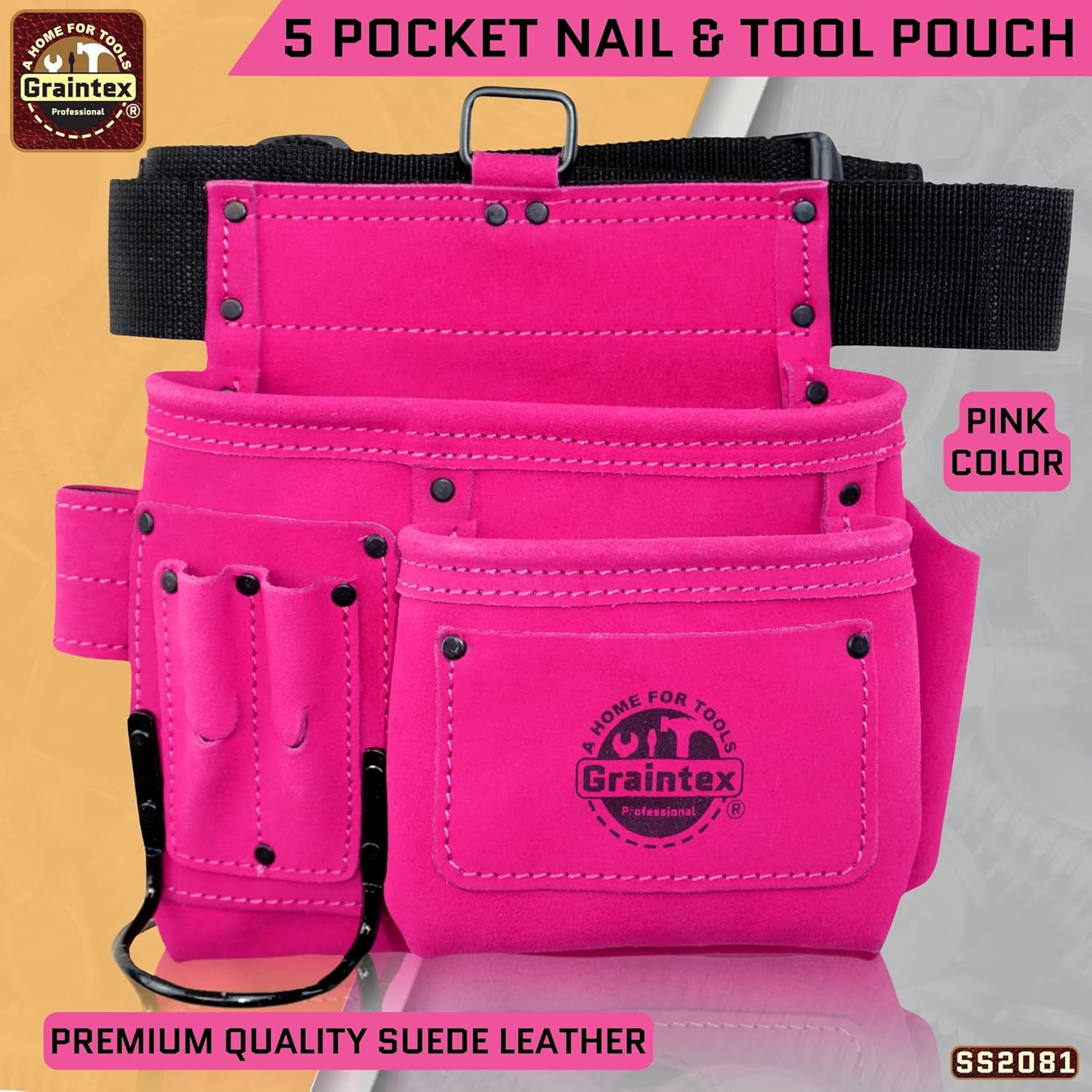 Graintex 5 Pocket Suede Leather Tool Belt/Bag | Pink | Multipurpose Leather Tool Belt for Women and Men | Construction, Electrician, Handymen, Carpenter, Gardening Pouch and DIY Projects