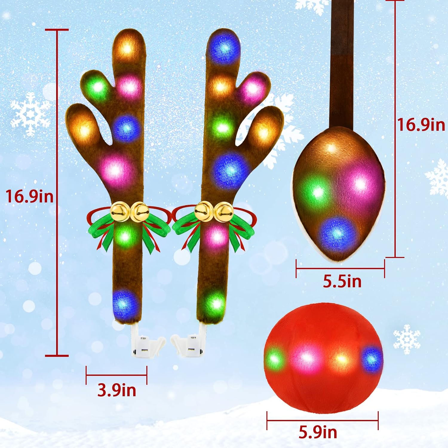 Christmas Car Decorations Reindeer Car Kit Antlers with Lights, Jingle Bells Rudolph Reindeer and Nose, Tail Cute Costume Auto Accessories for Trunk Vehicles SUV Antenna Toppers Multicolor