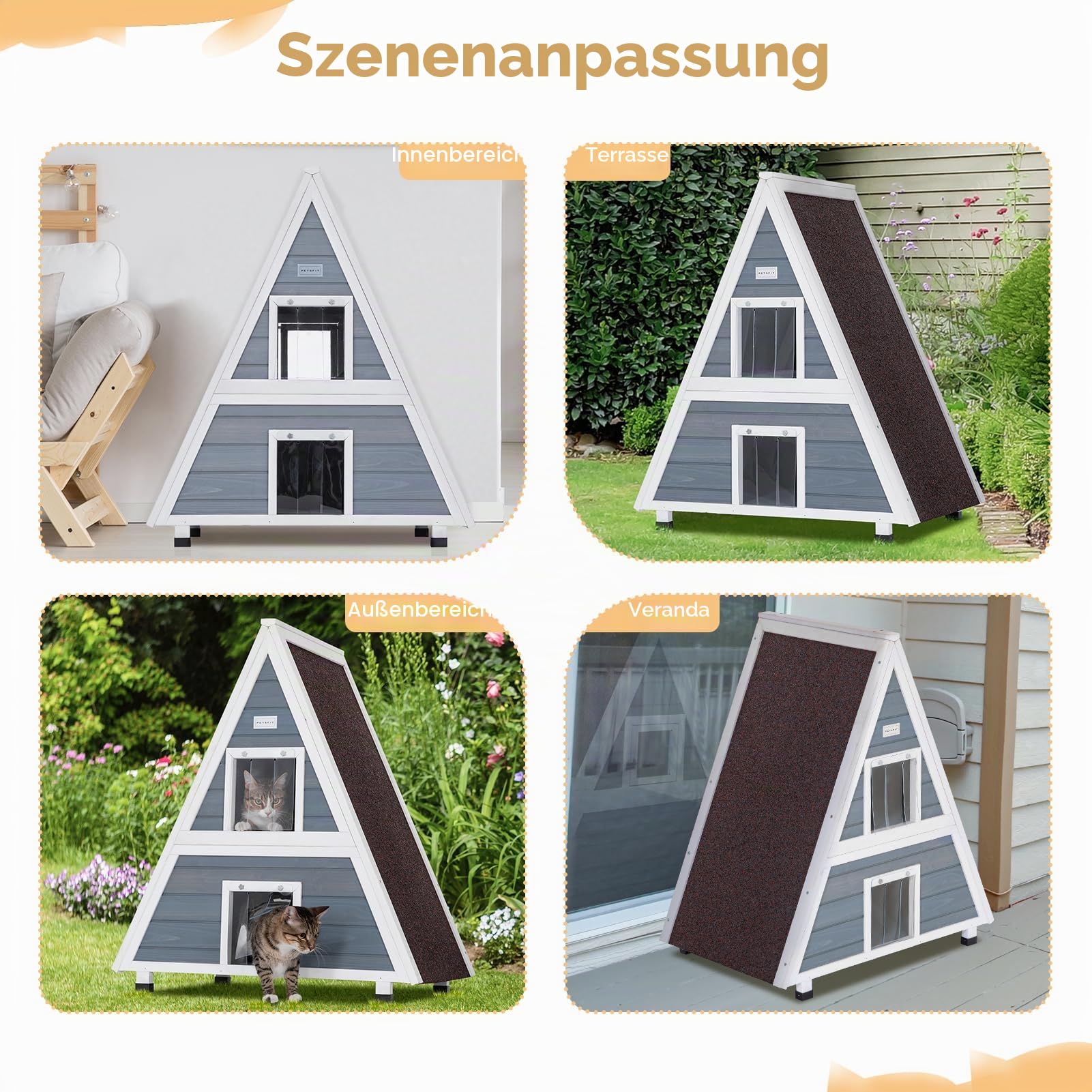 Petsfit Katzenhaus Outdoor Winterfest mit Fluchttür Katzenhaus Outdoor Holz mit erhöhtem Design Katzenhöhle für Draussen Katzenhütte Wetterfest aus Spießtannenholz, Grau/2 Etagen