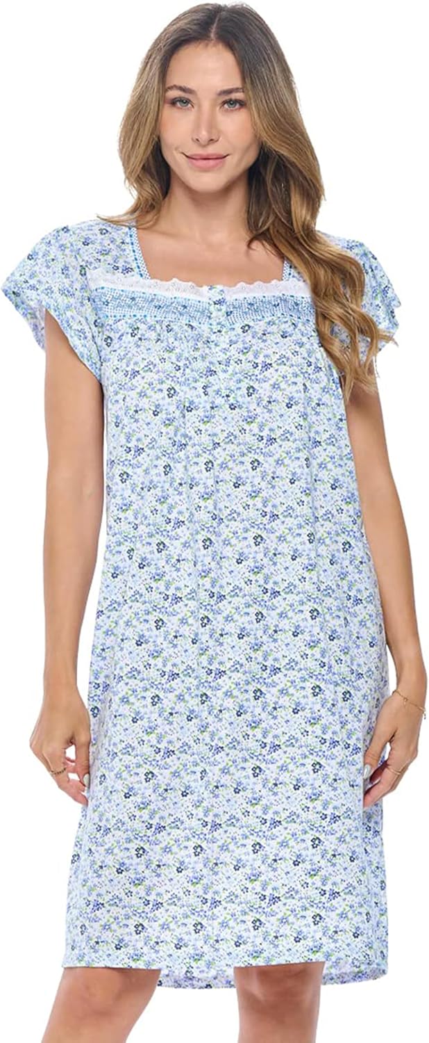 Casual Nights Nightgowns for Women, Short Sleeve Floral Night Gowns for Adult Women