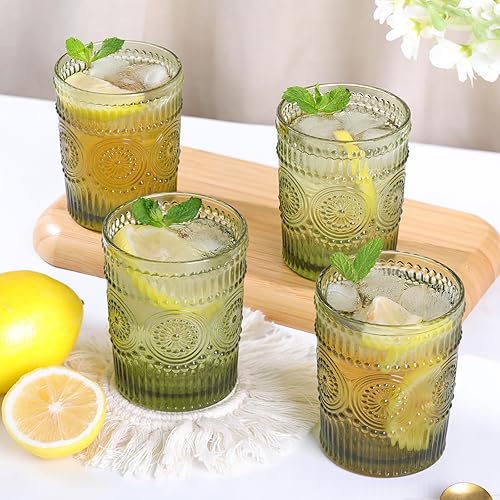 Juego de 4 vasos de vidrio vintage para beber de 10.5 onzas, vasos de agua verdes en relieve, para jugo, cerveza, cóctel, whisky, varias bebidas