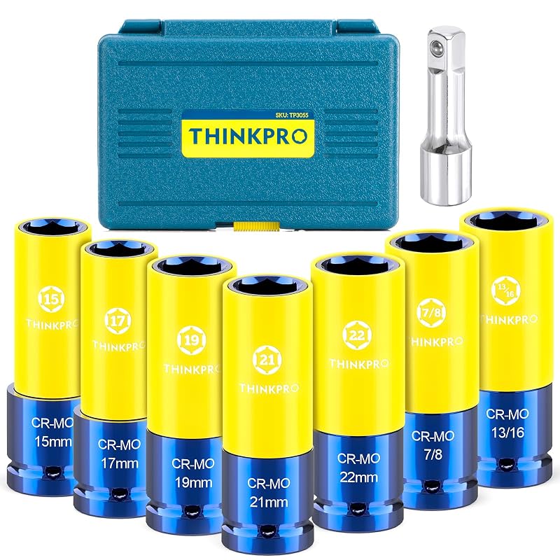 Jogo de Soquetes de Impacto para Porcas de Roda Thinkpro TP3055, Parede Fina, Encaixe de 12,7 mm (1/2 pol.), 8 peças