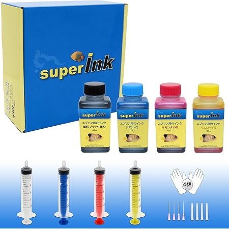 Amazon S スモール キット エプソン Epson 用 顔料 染料 詰め替え 互換インク 全機種対応 Superink 4色セット 100ml 1本 顔料ブラック 100ml 3本 シアン マゼンタ イエロー 4セット 手袋1組 10ml注入器 針 キャップ Super Ink