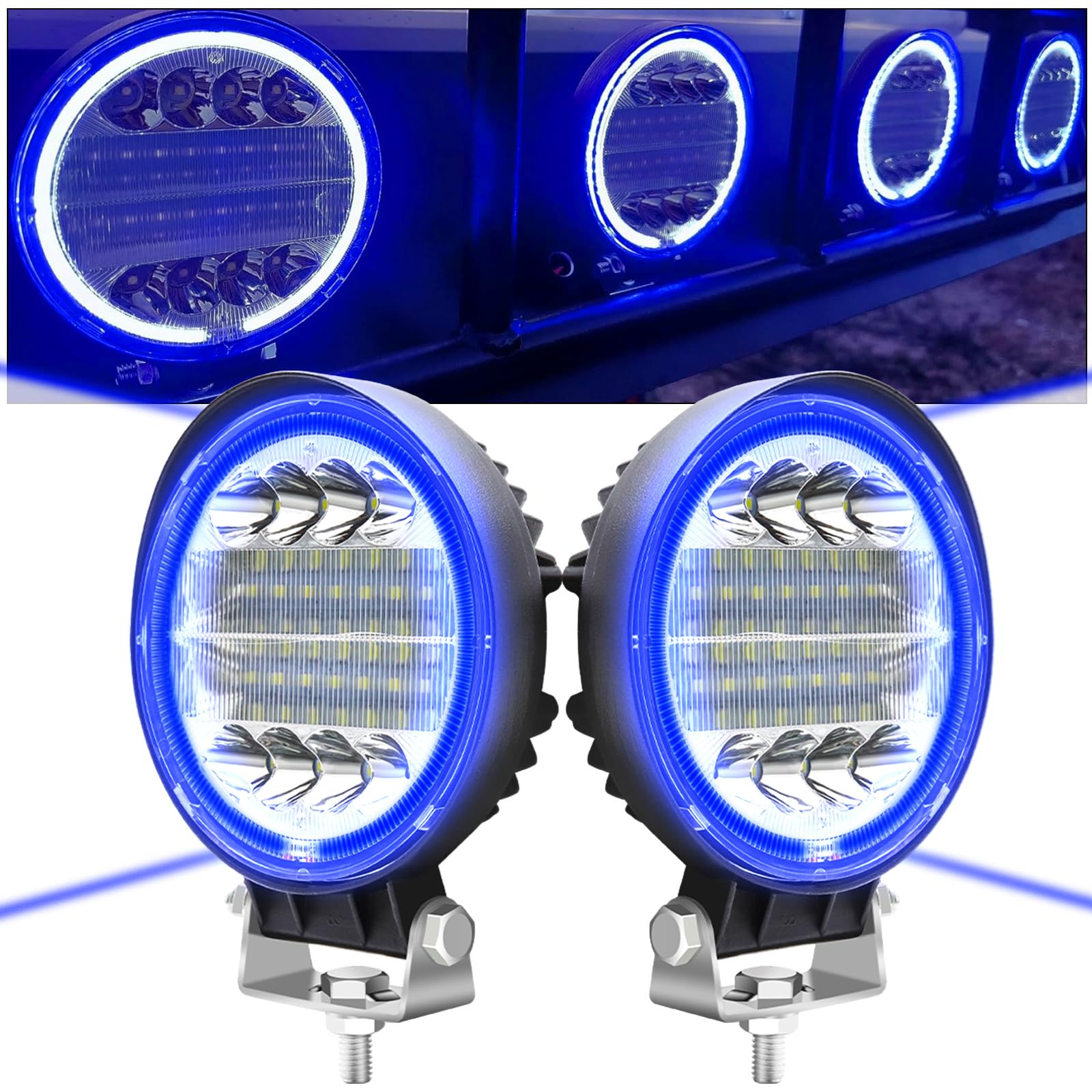 2x 96W Faretti LED Off Road con anello Halo Blu Angel Eyes,4" Faro da Lavoro 12V 24V Fari Led Auto Barra LED Fuoristrada Luci Antinebbia Fari Supplementari per Off Road Moto 4WD SUV ATV UTV
