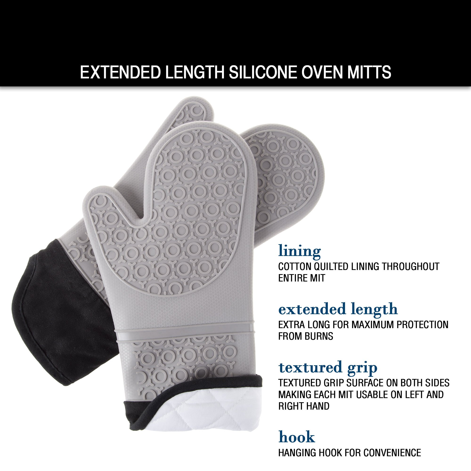 Bedford Home - Guantes de Silicona para Horno, extralargos, Calidad Profesional, Resistentes al Calor, con Forro Acolchado y Agarre Texturizado de 2 Lados, 1 par Gris
