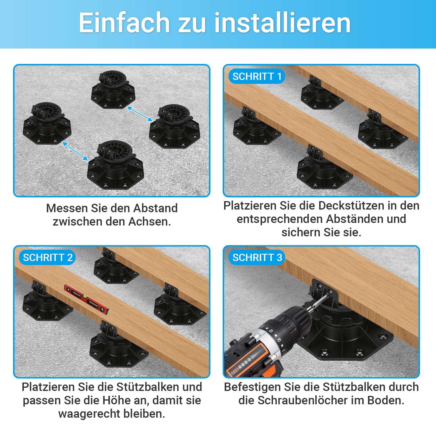 100x Stelzlager Höhenverstellbar 40-70mm Terrassenlager | Polypropylen, Gefälleausgleich 5°, Stelzlager für Terrassenplatten, WPC, Holz, Tragfähigkeit Stark, Plattenlager