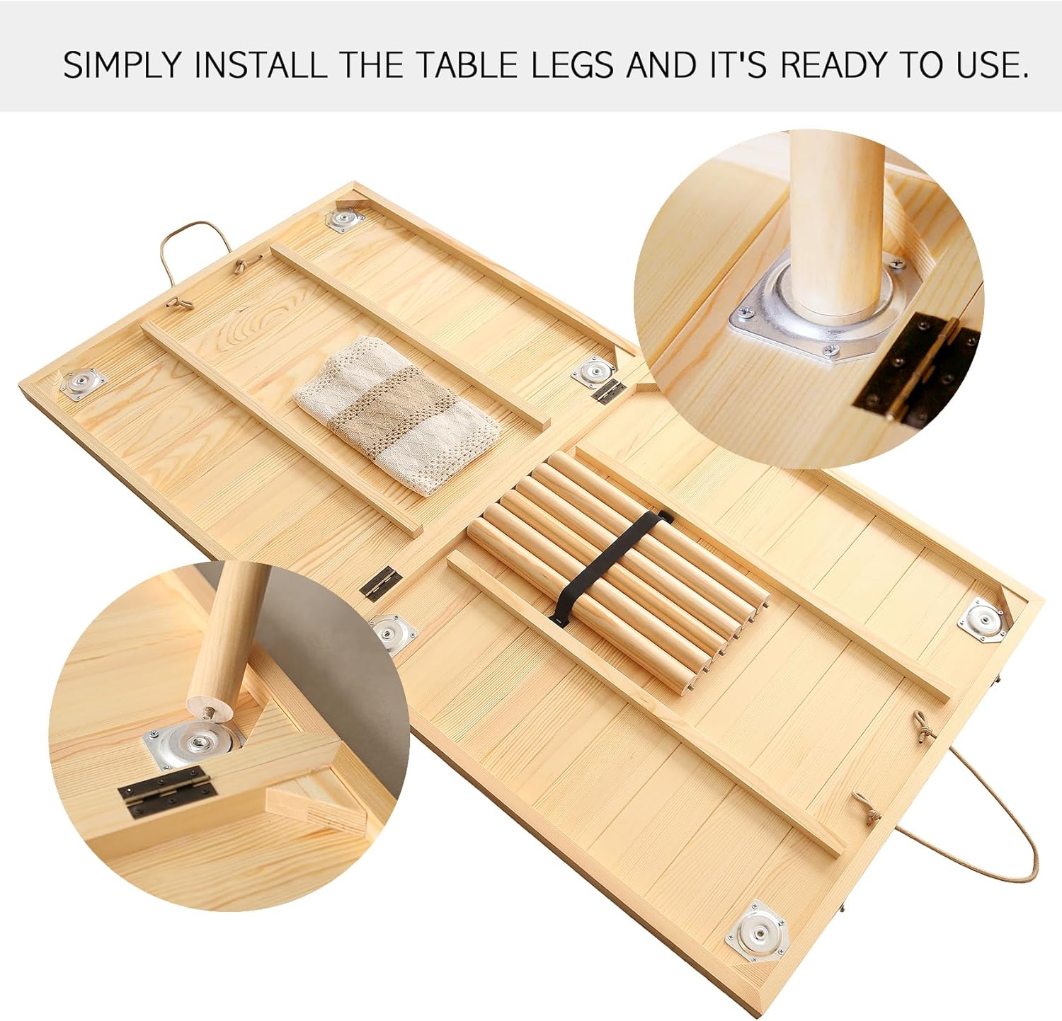 Folding Picnic Table with Table Runner, Portable Boho Low Picnic Table for Indoor Outdoor, 60" x 30" Wooden Table for Camping, Wedding, Beach, Garden, Party(Large Size for 6-8)