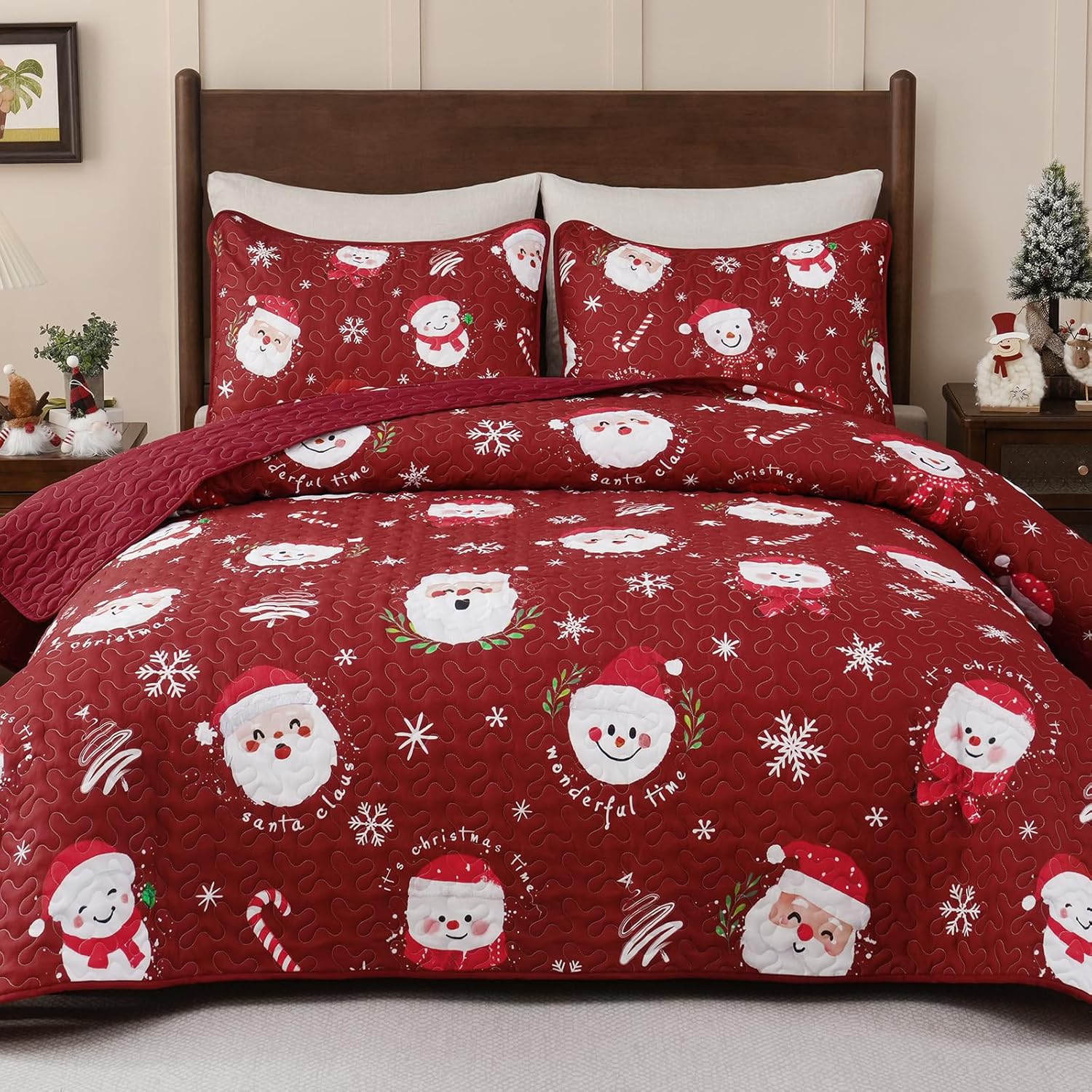 Likiyol 3 Piece Christmas Quilts King Size Snowman King Quilt Bedding Set, Soft Cozy Santa Claus Bedspread Coverlet with 2 Pillow Shams Winter Lightweight Quilt Sets for Christmas, Red, 90" x 104"