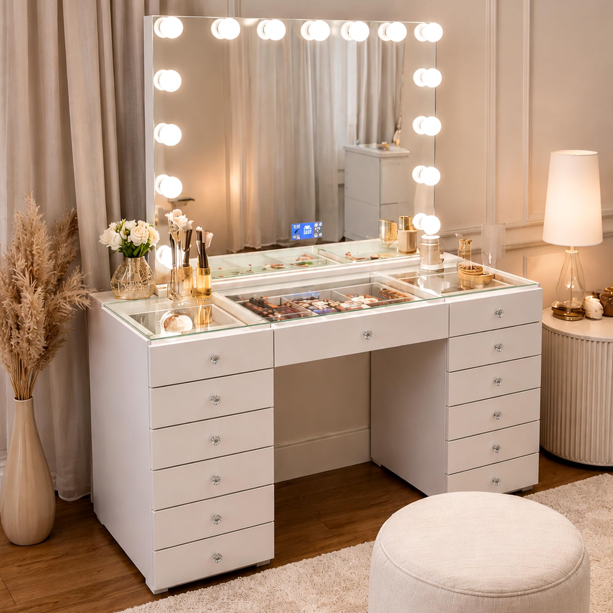 Générique Coiffeuse Vanity avec Miroir Lumineux LED Bluetooth USB – 13 tiroirs – Blanc