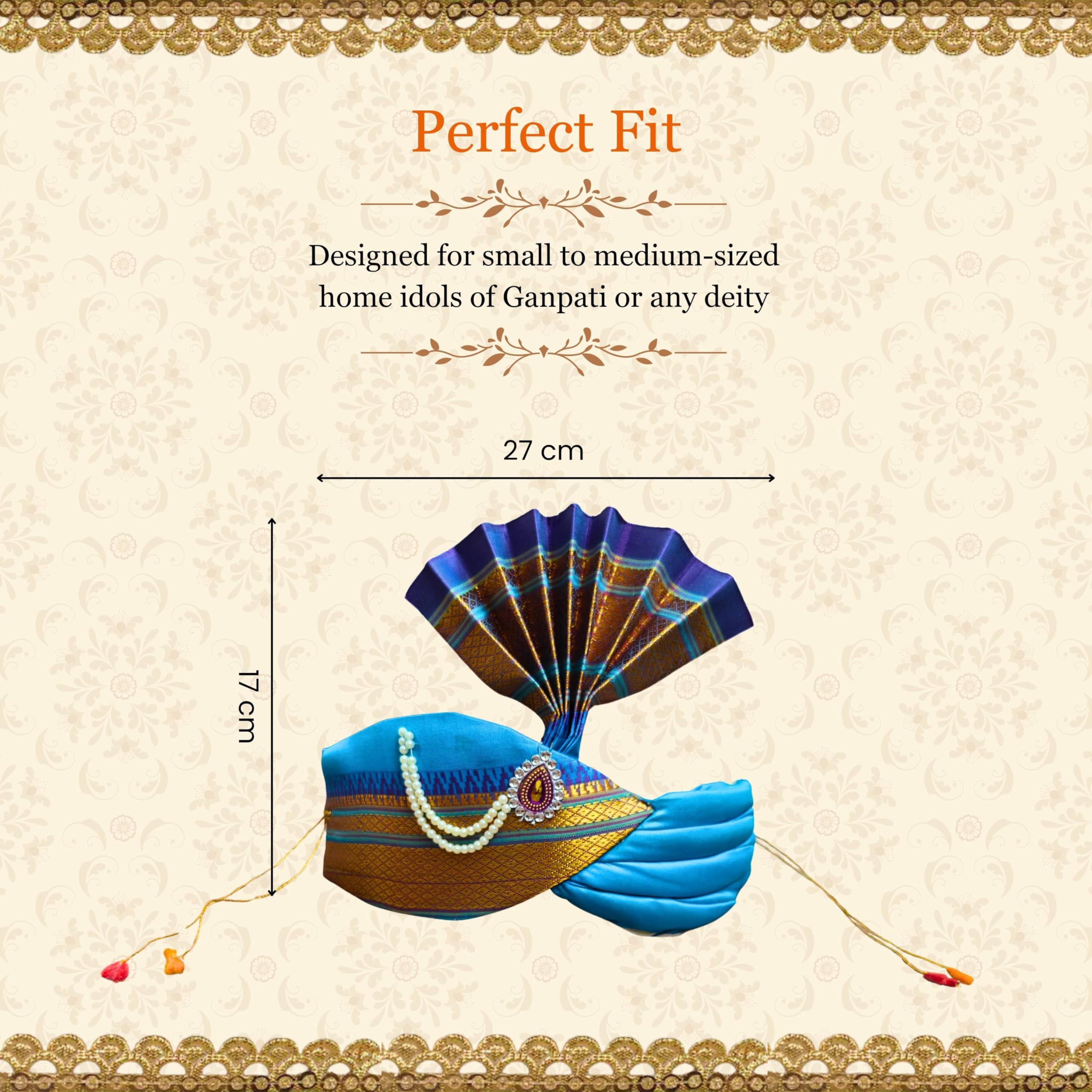 PUNYATVA Ganesh Feta Mukut (Turban, Silk, Blue) / Adjustable Ganesh Pheta, Gauri Ganpati Festival Decoration Accessories, Jewellery, Crown, Makhar, Traditional Pagdi, God Idol Headgear 2