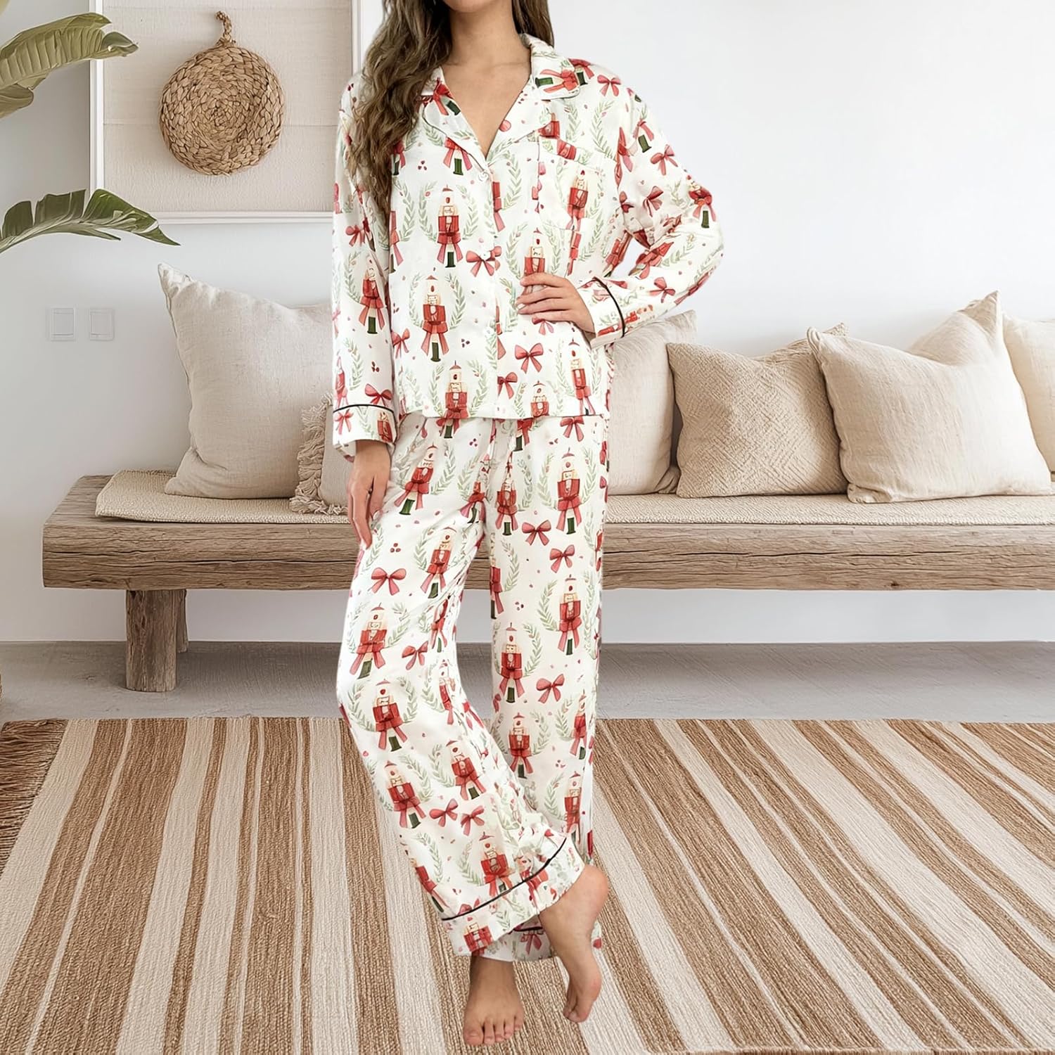 Women Christmas Pajama Set Satin Silk Sleepwear Print Long Sleeve Button Shirt Tops with Trousers 2 Piece Loungewear - Image 2