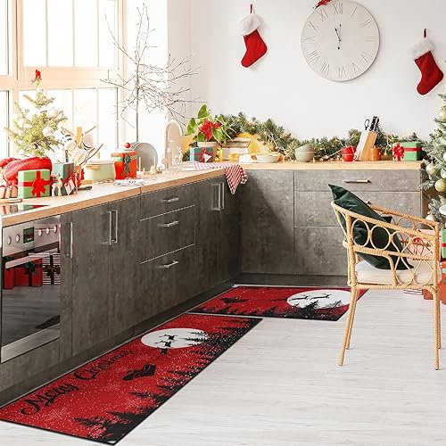 Miniatura 4 de Juego de 2 alfombras y tapetes de cocina de Navidad, antideslizantes, lavables, tapetes de cocina de renos de Papá Noel, tapete de camino de cocina