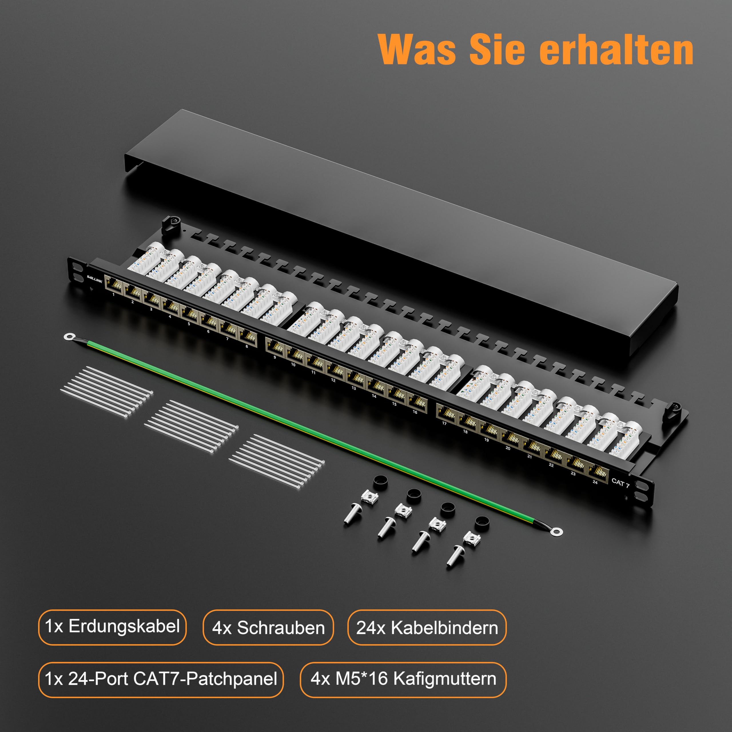 iwillink Panneau de brassage Cat7 24 ports - Montage en rack 19" 0,5 HE - Prises RJ45 - Panneau de distribution LSA - 10 Gbps Gigabit - 600 MHz - Shield STP - Noir
