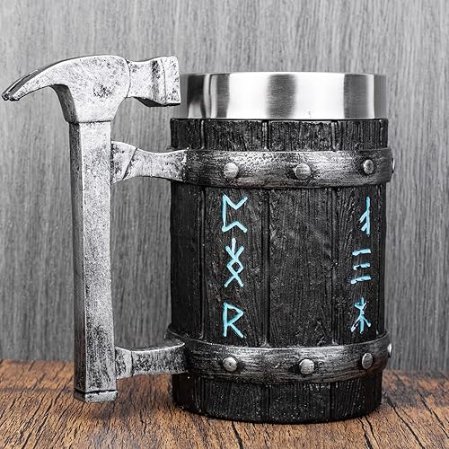 Miniatura 4 de KTOTKMOTA Nordic - Taza de martillo de runa vikinga acero inoxidable revestimiento de resina para cerveza jarra de tanque de cerveza decoración