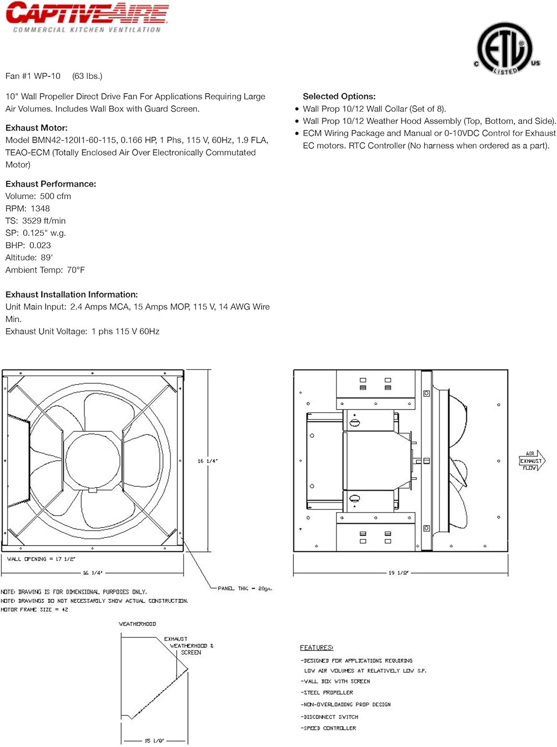 Wall Propeller Direct Drive Fan For Applications Requiring Large Air Volumes. Includes Wall Box with Guard Screen., 0.166 HP 115 Volt Single Phase Motor, 100-500 CFM (WP-10)