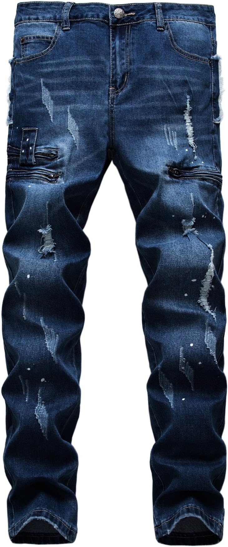 Ric Foster Men's Ripped Straight Fit Stretch Biker Jeans with Zipper Deco Denim Jean (W28, 02 Midblue)