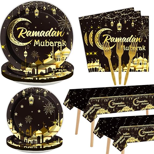 98 piezas de vajilla y mantel de Ramadán Mubarak Eid Mubarak suministros de fiesta, decoraciones desechables, platos, servilletas, tenedores,