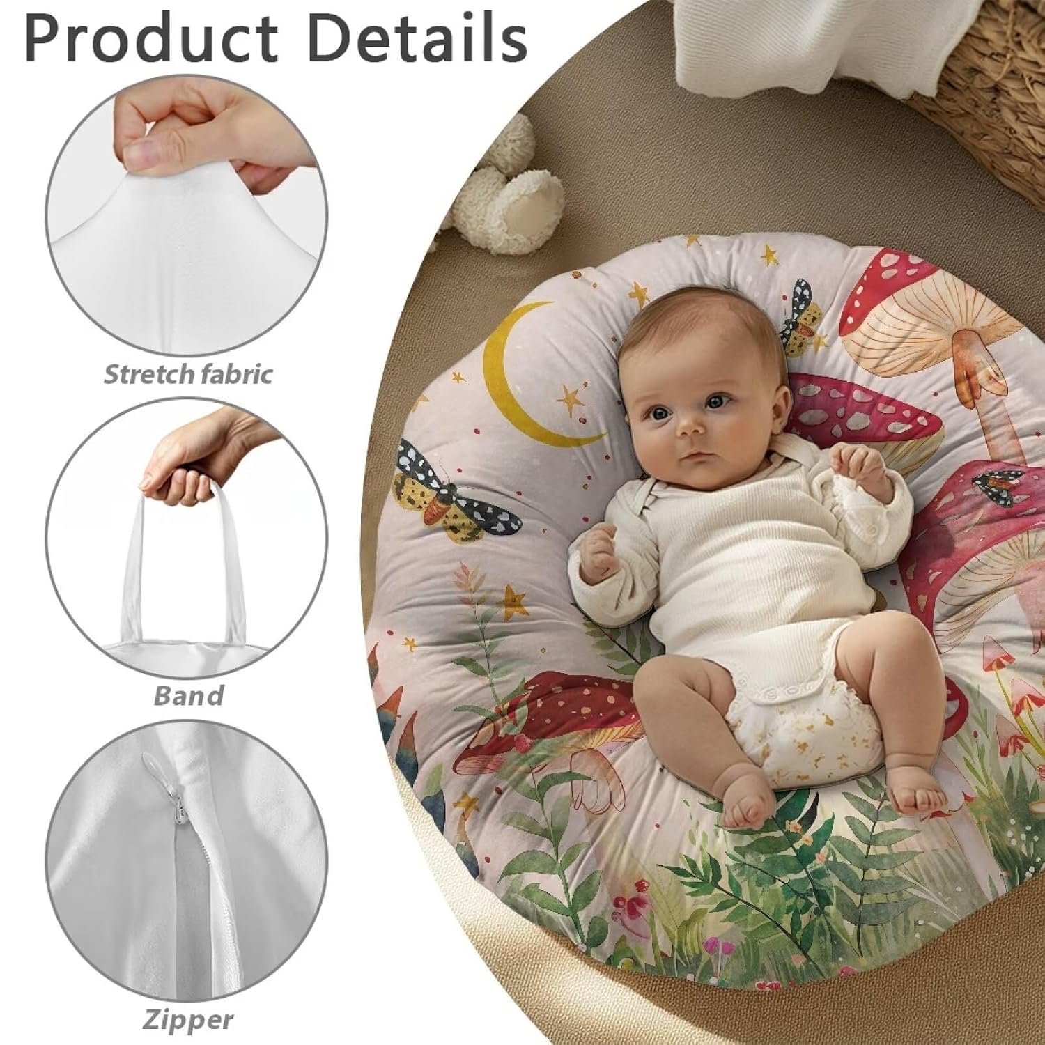 2 Pack Mushroom Newborn Lounger Cover Cute Removable Washable Soft Slipcover for Infant Lounger Pillow for Home Travel for Baby Boys Girls Playing Sleeping
