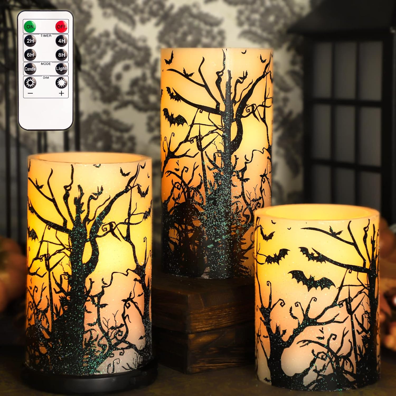 FLAVCHARM Halloween Flameless Candles with Black Spooky Bats, LED Flickering Pillar Decor