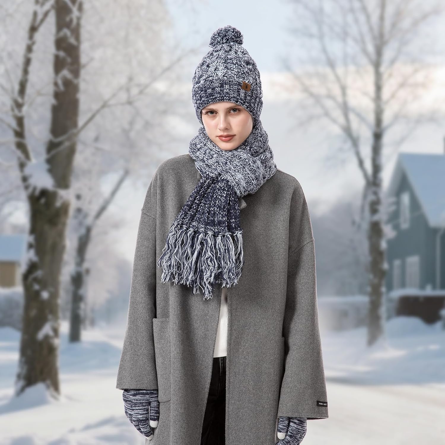 Womens Winter Warm Beanie Hat Touchscreen Gloves Lone Neck Scarf Set with Fleece Lined Pom Skull Cap Gift for Women 3PCS - Image 6