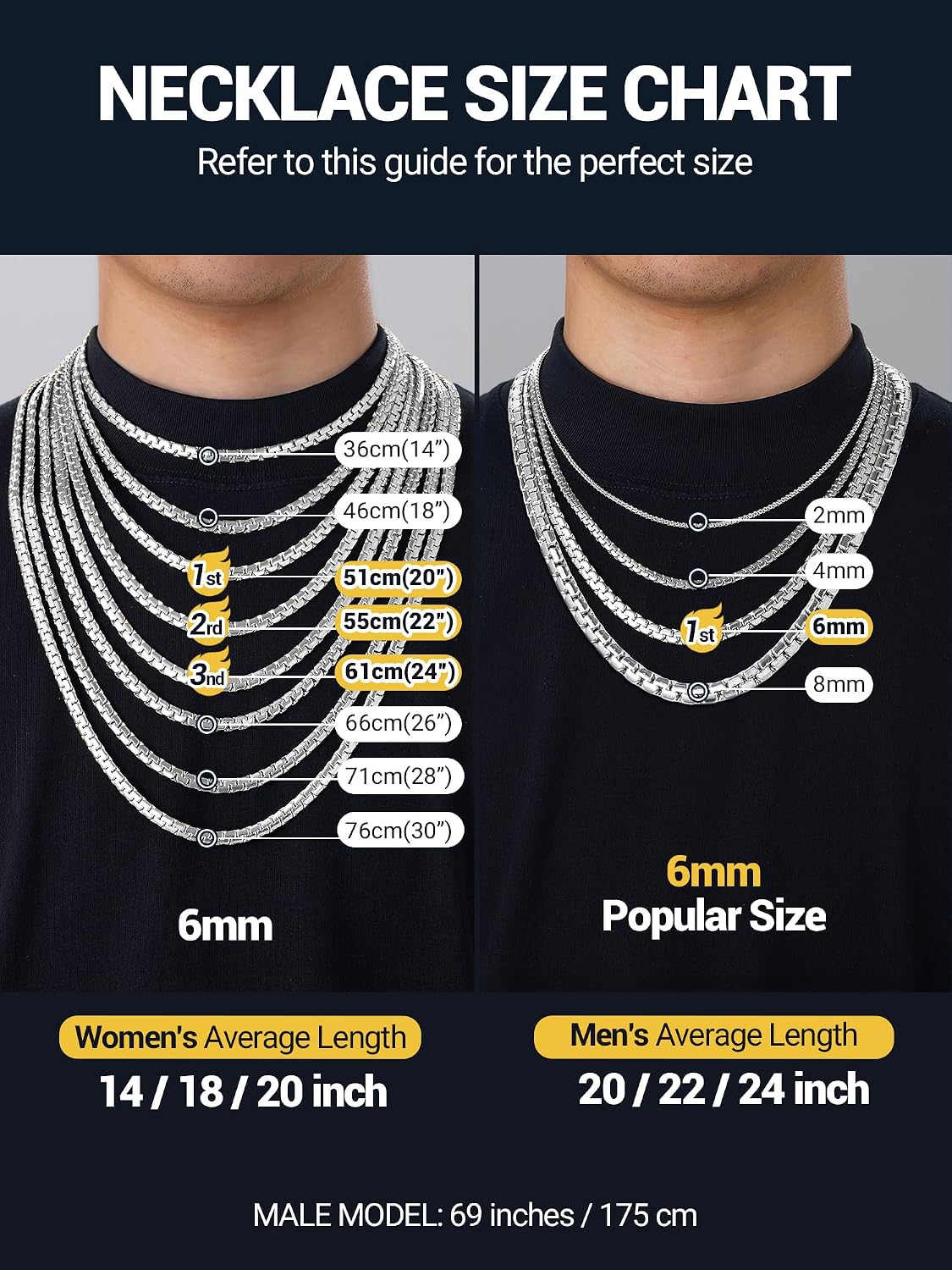 PROSTEEL Stylish Stainless Steel Flat Box Link Chain Necklace for Men, Silver/Gold/Black Tone, Hypoallergenic Jewelry, 14"-30", Come with Box