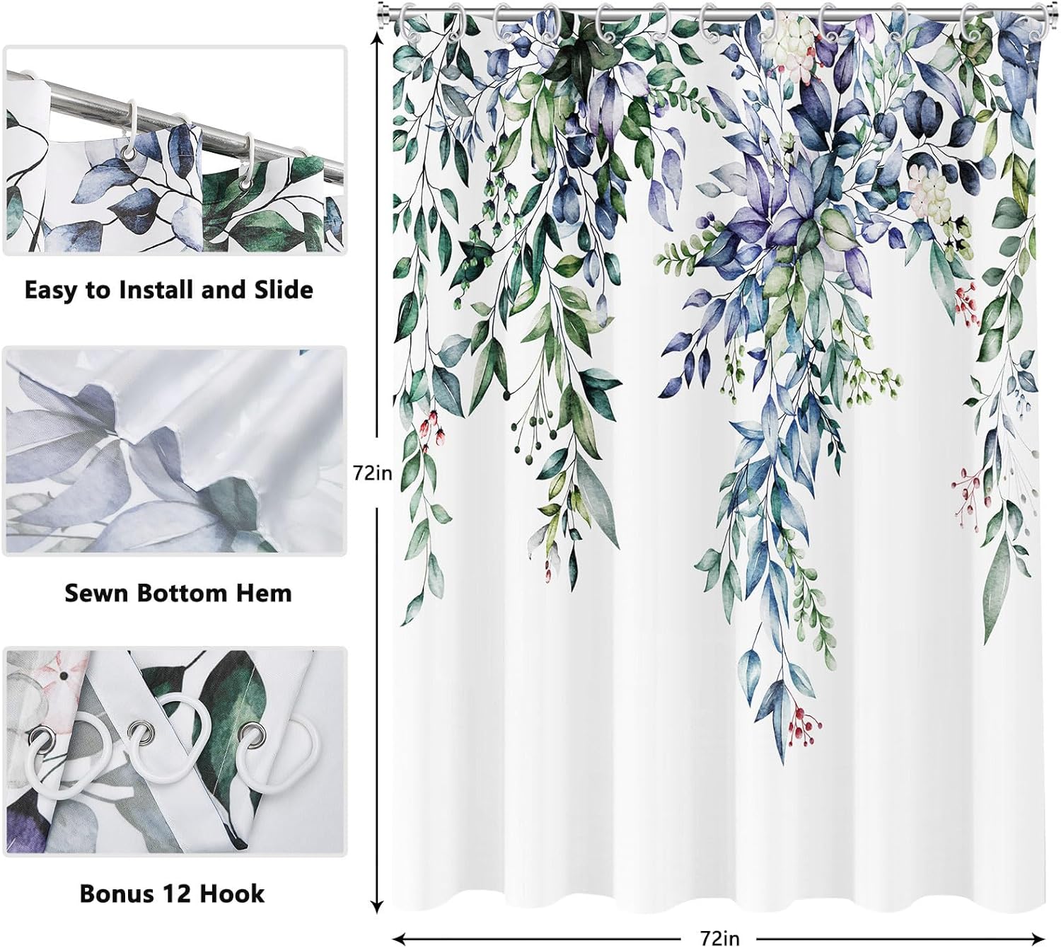 Long Shower Curtain Green Eucalyptus Shower Curtains for Bathroom-Green Watercolor Floral Plants Leaves Bathroom Curtains Blue Eucalyptus Floral Leaf Bathtub Shower Curtain Sets 72"x78" with Hooks