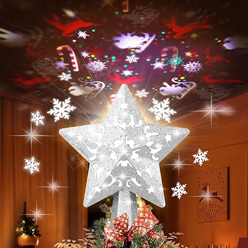 Decoración para árbol de Navidad, estrella de Navidad, luces LED giratorias integradas, decoración de árbol de estrella plateada 3D con purpurina