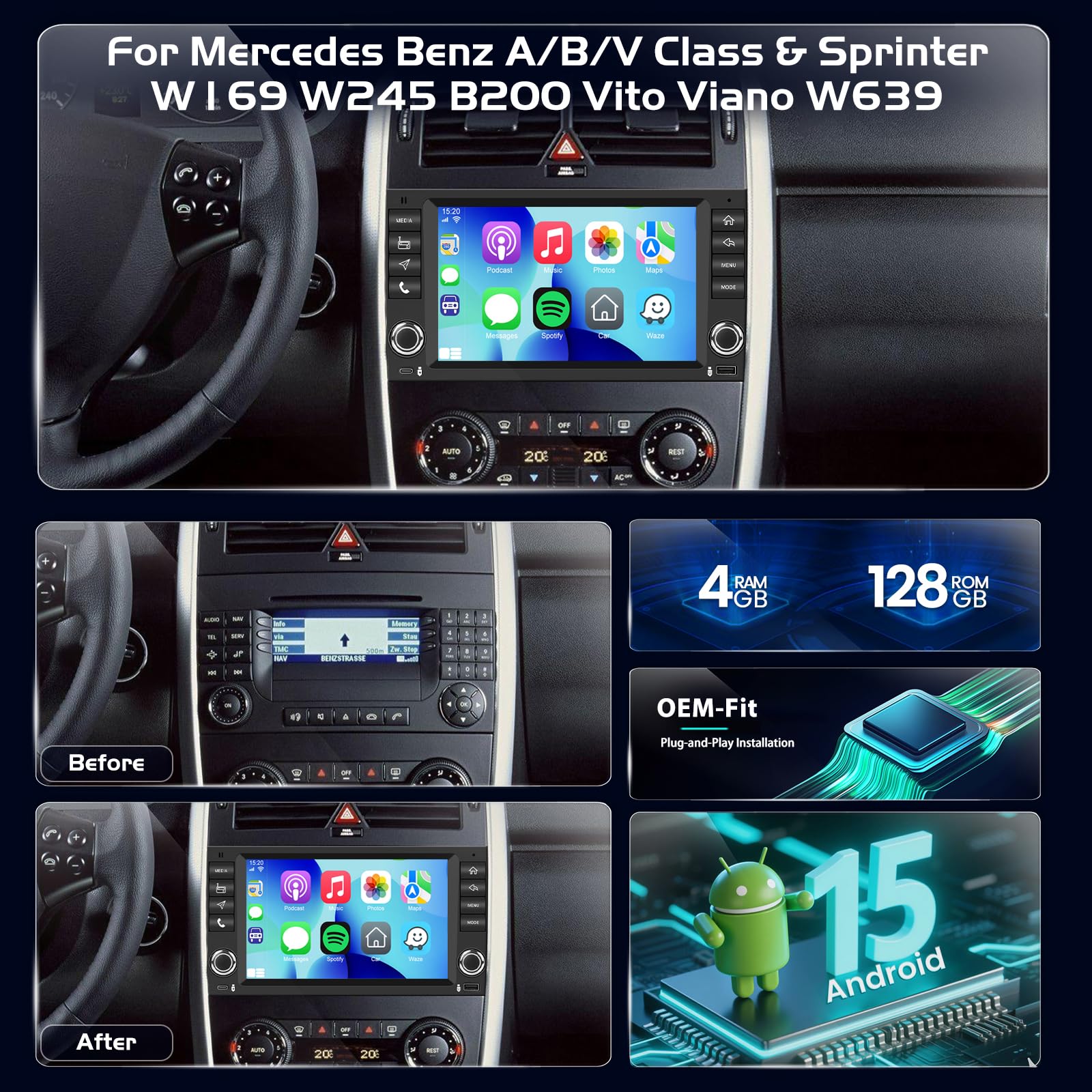 4+128GB Autoradio Android per Mercedes Classe A/B/V & Sprinter W906 W169 W245 B200 Vito Viano W639, Aggiornamento Radio Aftermarket con CarPlay, Android Auto, GPS, WiFi, Telecamera Posteriore