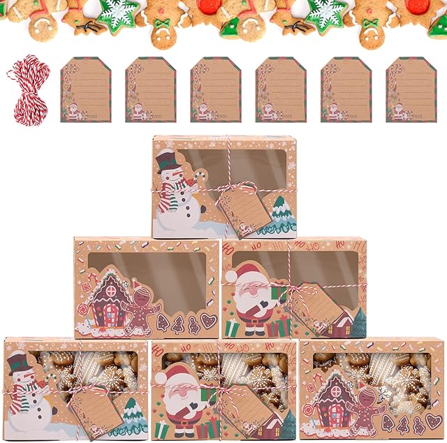 LTHERMELK 6 Pack Christmas Cookie Boxes Bakery Cupcake Boxes with Clear Window, Ribbons and DIY Gift Tags for Holiday Christmas Gift Giving, Food Packaging Containers, Xmas Party Supplies