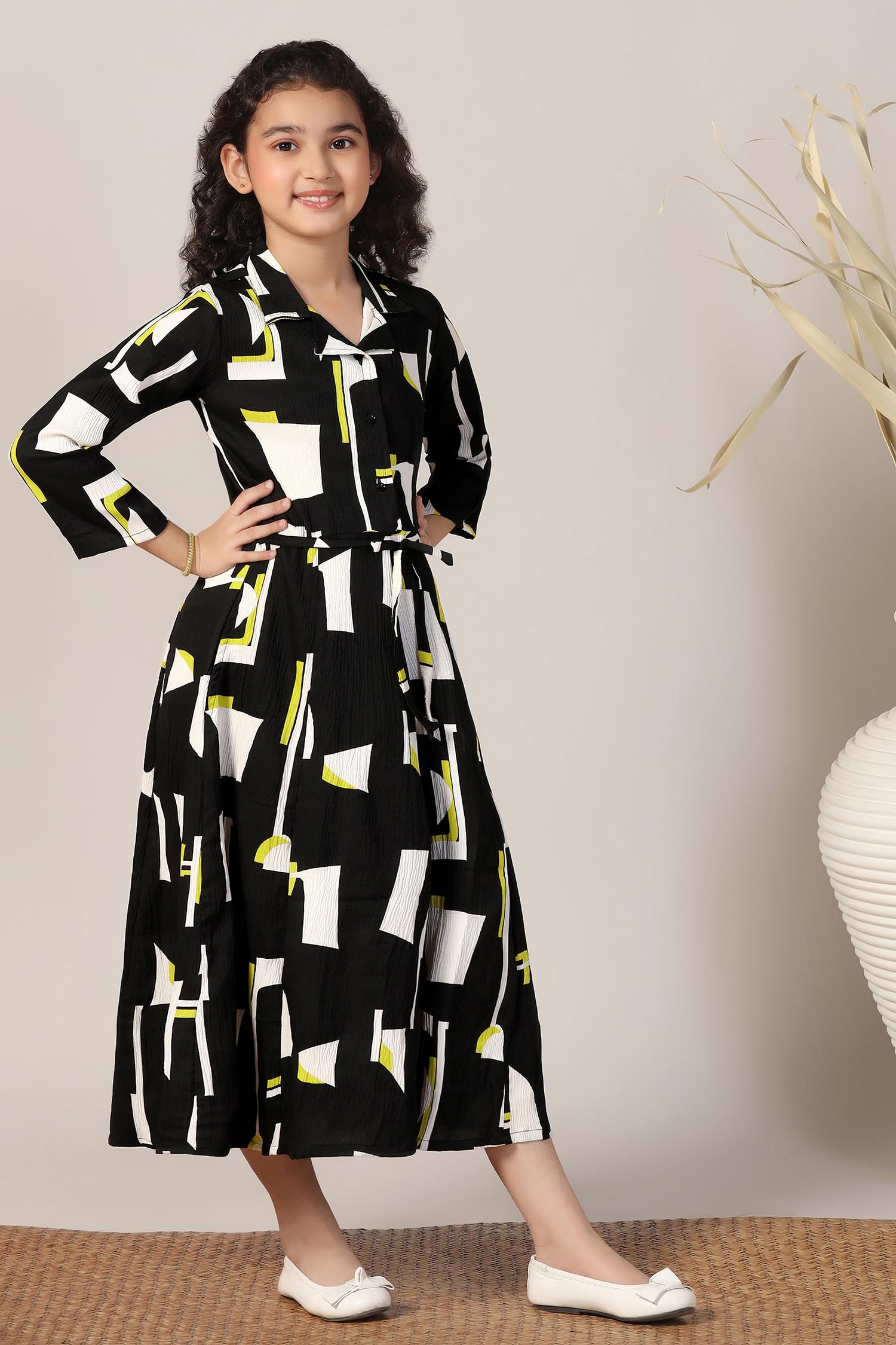 Fashion Dream Girls Calf Length Abstract Printed Dress|Western Midi Dresses (FDGFRK00419 BLK 40_Black_13-14 Years) 1