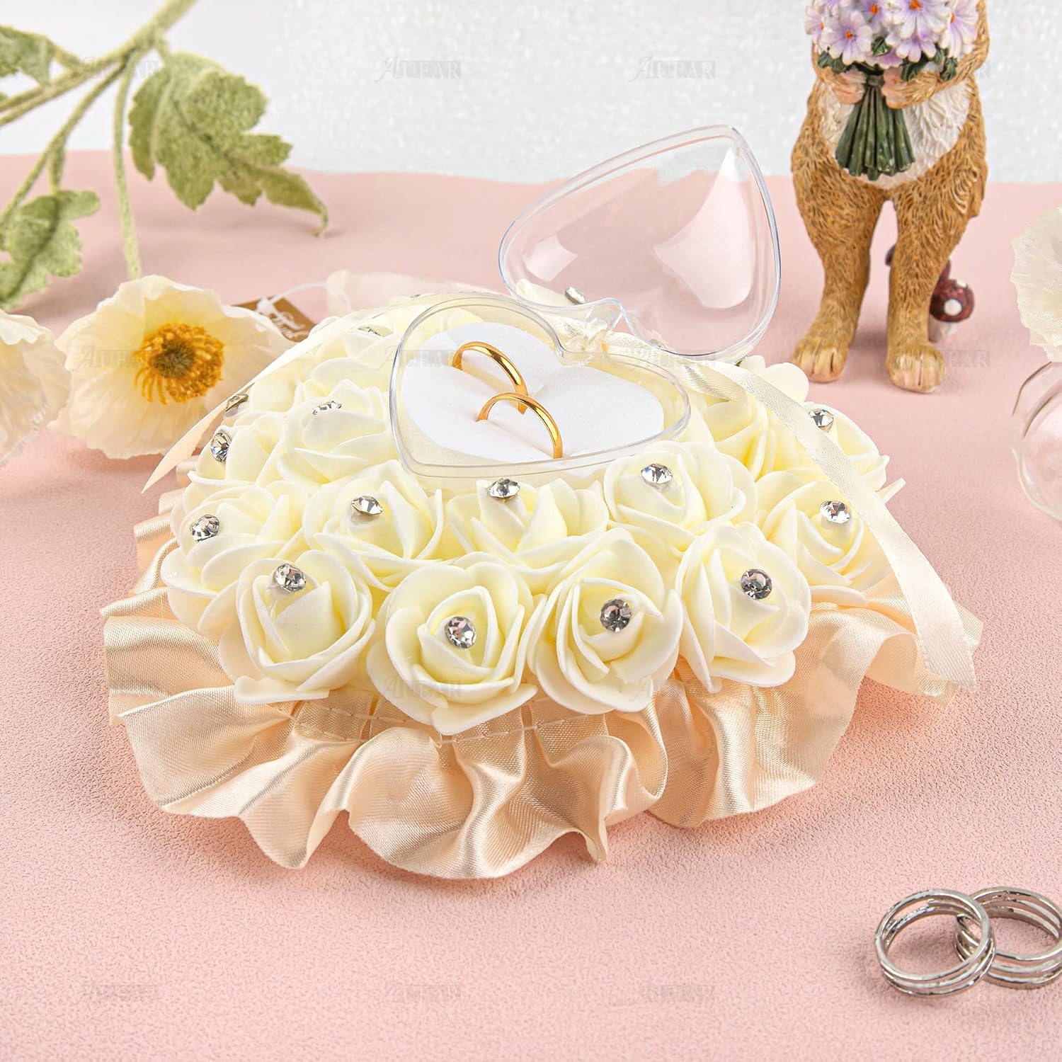 AUEAR, Beige Heart Shaped Ring Bearer Box Lace Rose Ring Pillows for Wedding Ceremony Party