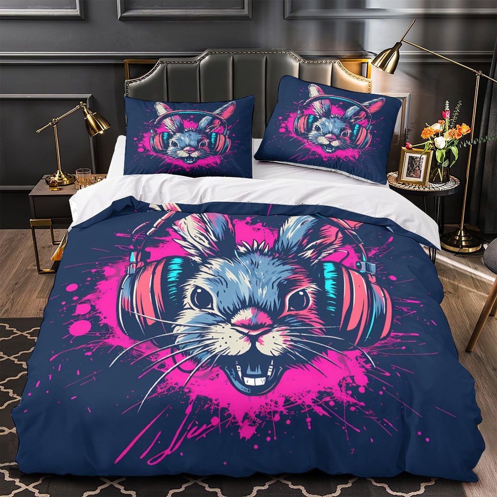 Housse de couette lapin 3D anti-tache et facile à laver pour lit simple d'adolescent