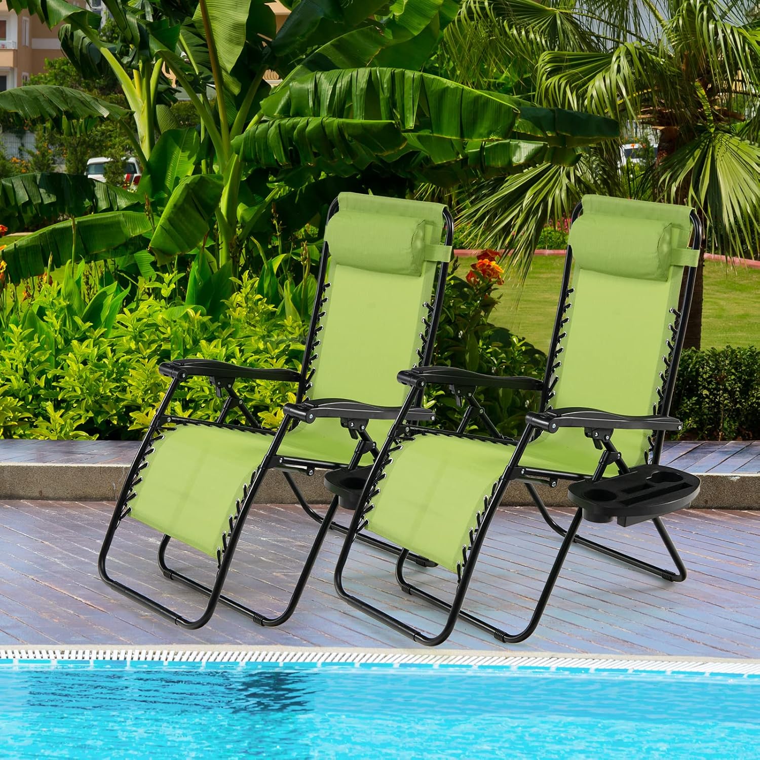 HAPPYGRILL Outdoor Zero Gravity Chairs Set of 2, Relaxing Lounge Patio Folding Recliner with Cup Holder for Backyard Beach Poolside