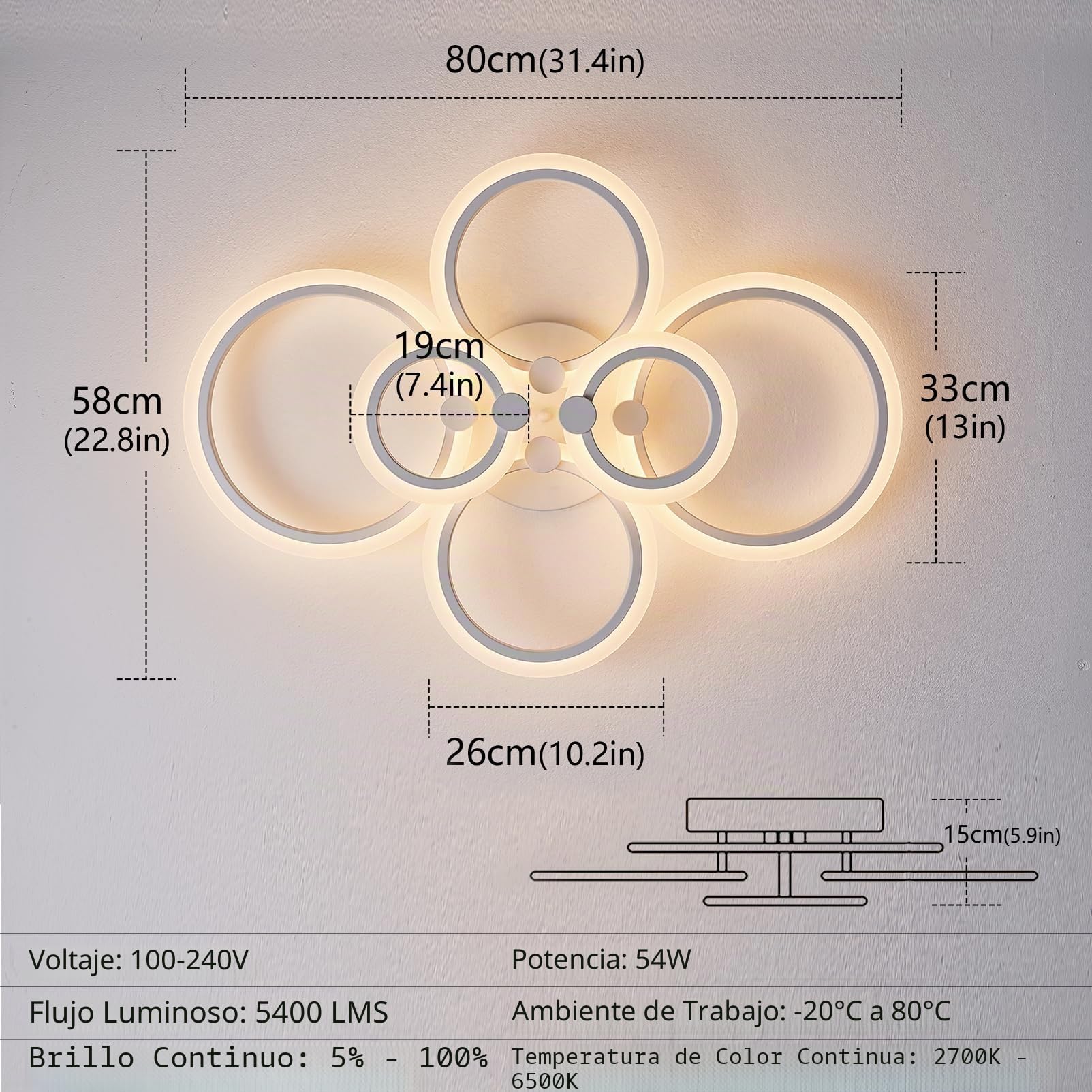 Plafon LED Techo Regulable, 54W 4590lm Modernas Lamparas de Techo Salon 2700K-6500K 5%-100% LED Lámpara de Techo Redondo Acrílico Blanco 80cm Con Control Remoto y APP para Cocina, Baño