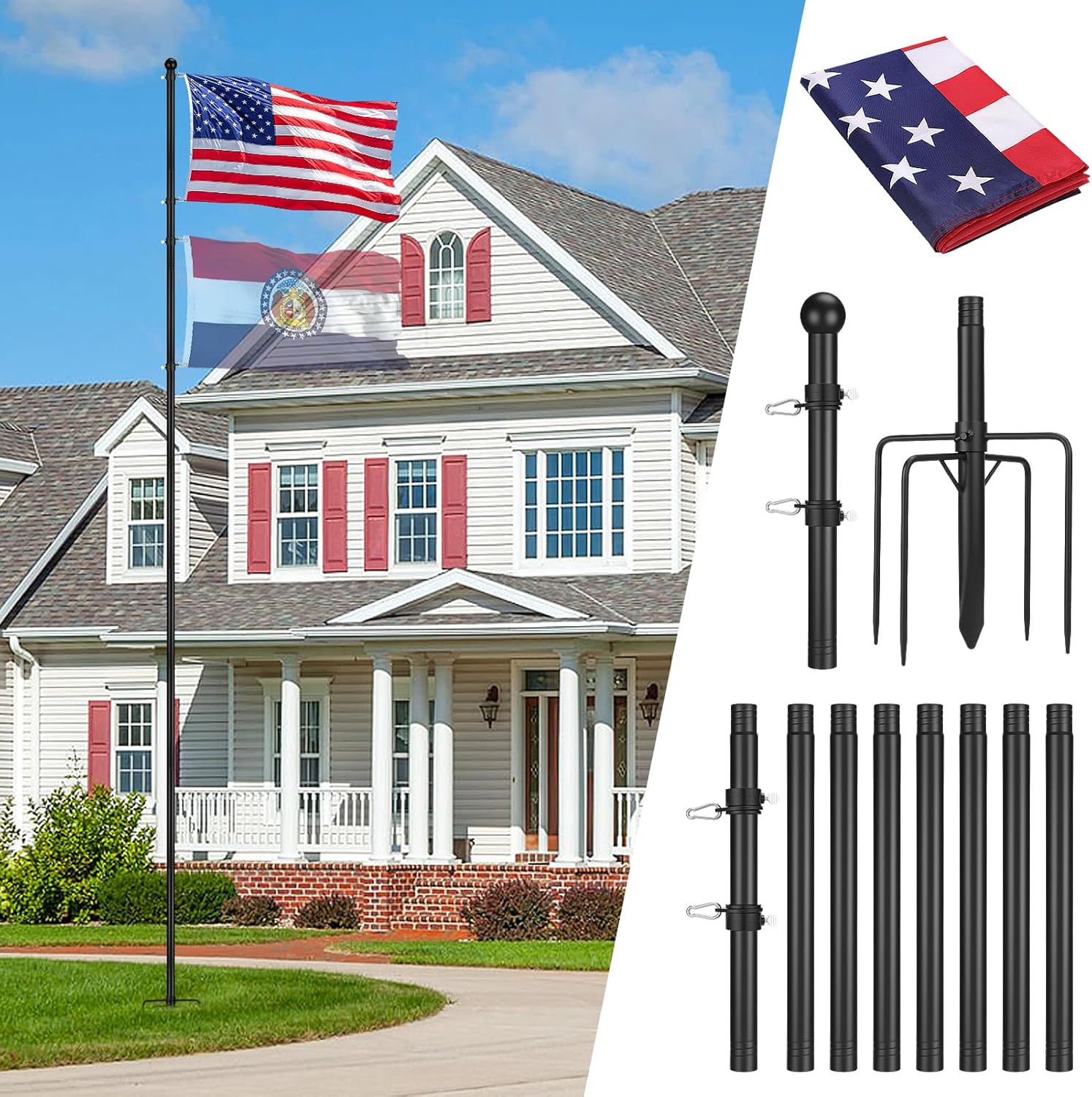 12.5FT Flag Pole for Outside House with 3'x5' American Flag - In-Ground Tangle Free Flagpoles Kit with 5 Prong Base, 4 Rotating Rings Fits 2 Flags, for Yard Lawn Garden