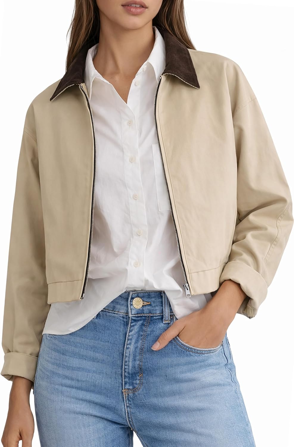 Orolay Women's Casual Utility Cropped Barn Jacket Zip Up Jacket Corduroy Collar Spring Trench Coat