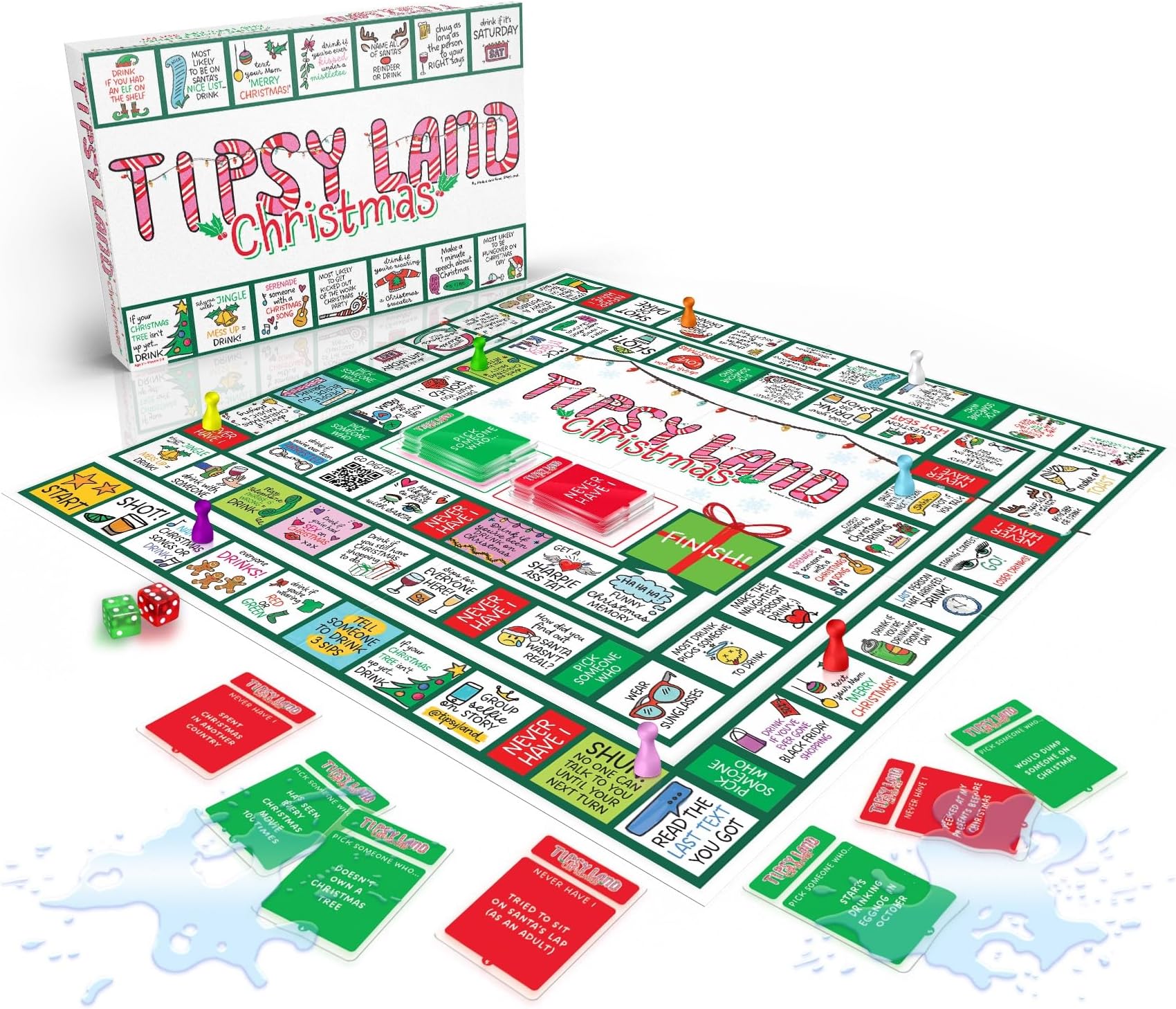 Tipsy Land Christmas Edition Your New Favorite Party Board Game, More Than 75 Unique Spaces for Calling Out Friends, Silly Dares & Confessions, Mini Competitions