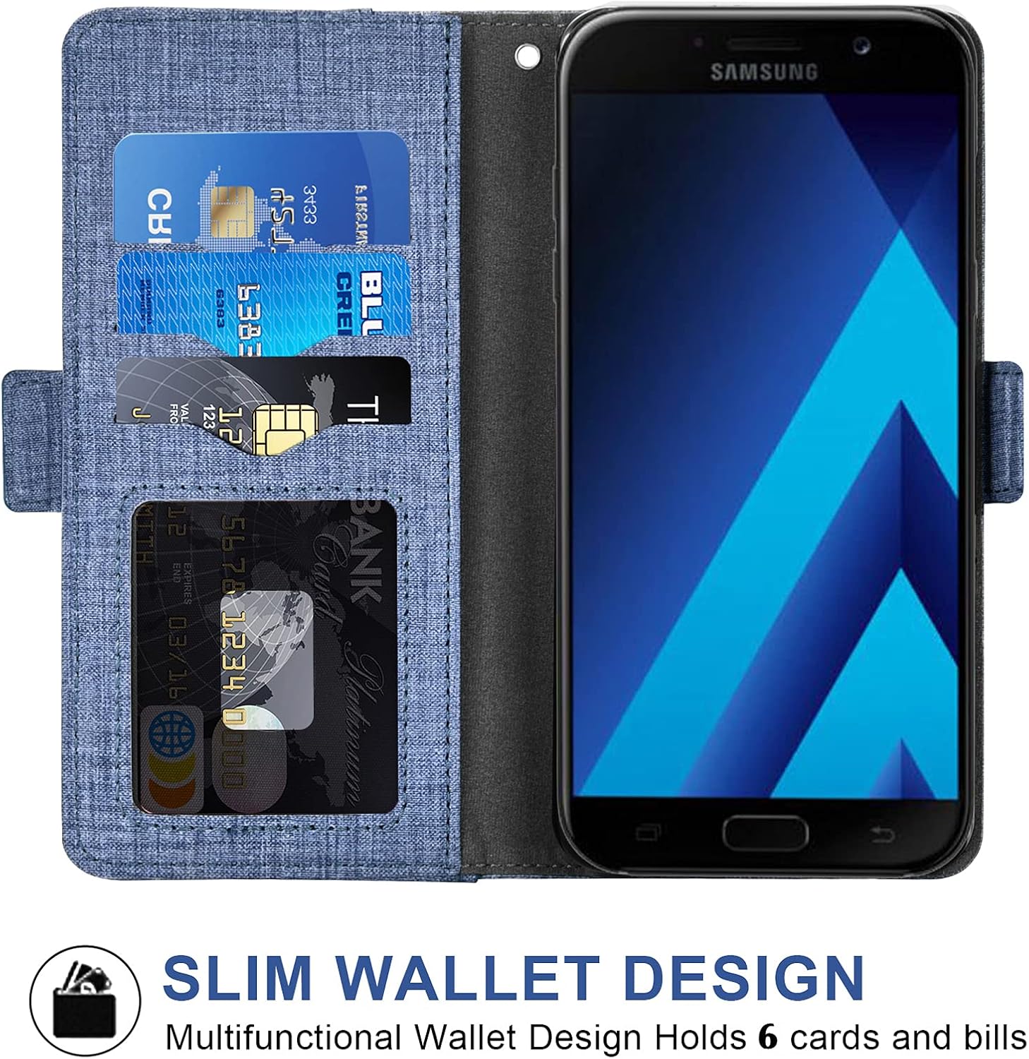 Asuwish Compatible with Samsung Galaxy A5 2017 Wallet Case Tempered Glass Screen Protector and Leather Flip Cover Card Holder Cell Accessories Phone Cases for Glaxay 5A Gaxaly SM-A520W Women Men Blue - Image 3