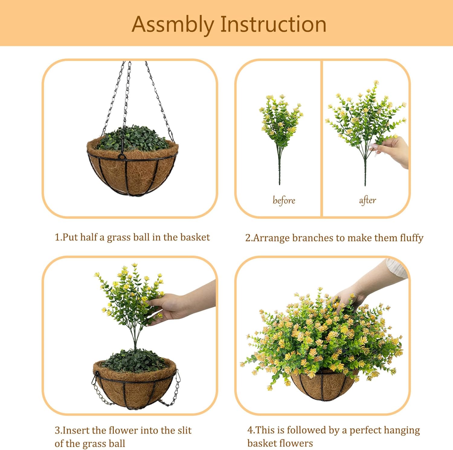 NETAP Artificial Hanging Flowers Basket for Outdoor, 16 Fake Flowers Look Real UV Resistant, Faux Hanging Plants for Porch, Balcony, Patio, Garden, Spring Summer Decor,Yellow
