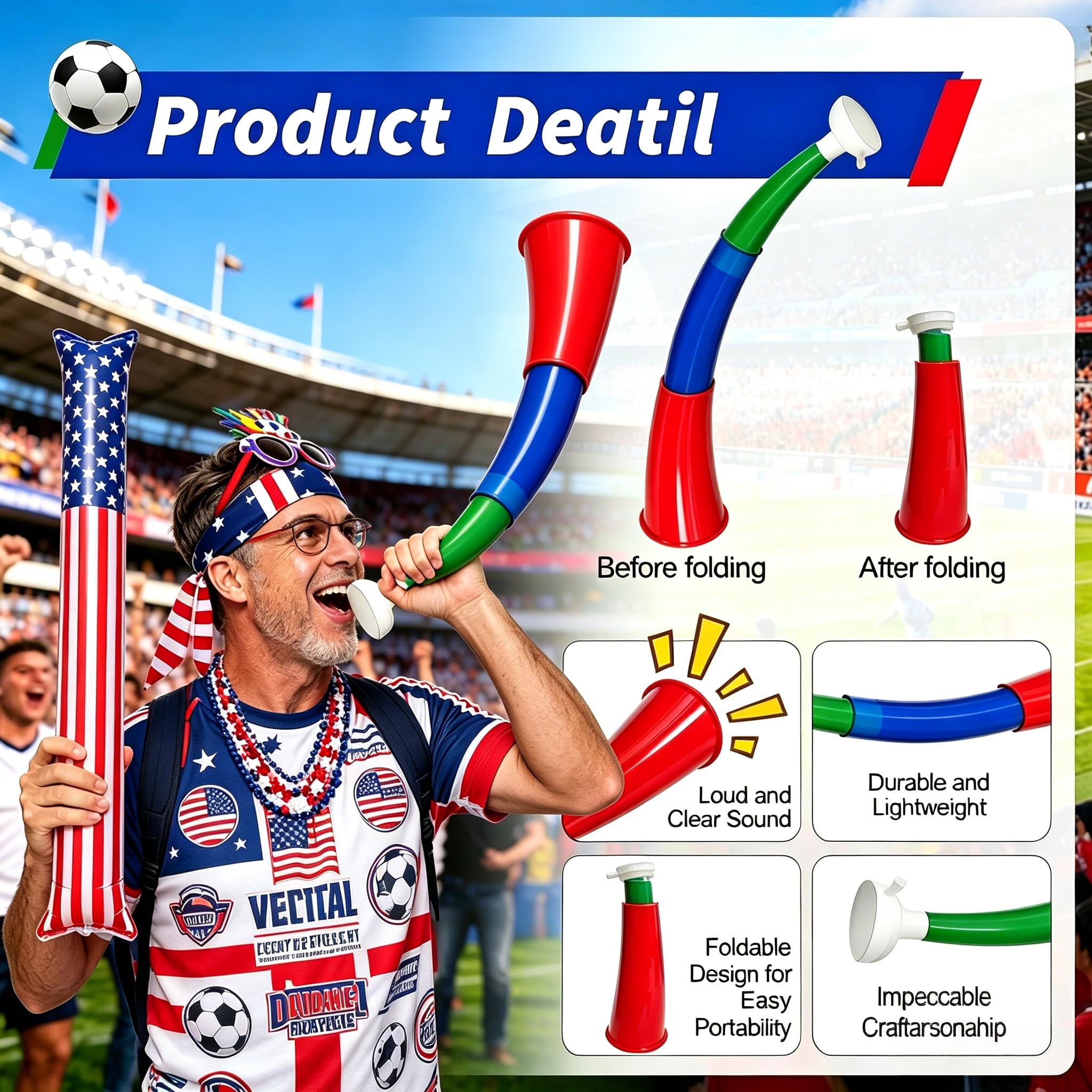 USA Soccer Fan Gear Kit 2026 International Match Day Accessories Gift Set Bundle with Glasses, Flag, Horn, Badge, Soccer Match Predictor Notebook, Pen, Inflatable Sticks, Stickers Headband (USA) - 4