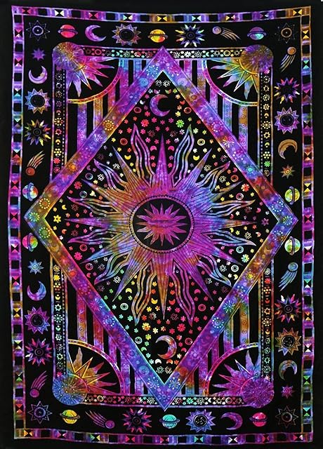 THE ART BOX Purple Hippie Mandala Sun Moon Burning Sun Psychedelic Trippy Tapestry for Bedroom Celestial Busning Sun Tapestry Bohemian Wall Hanging Planet Tapestry