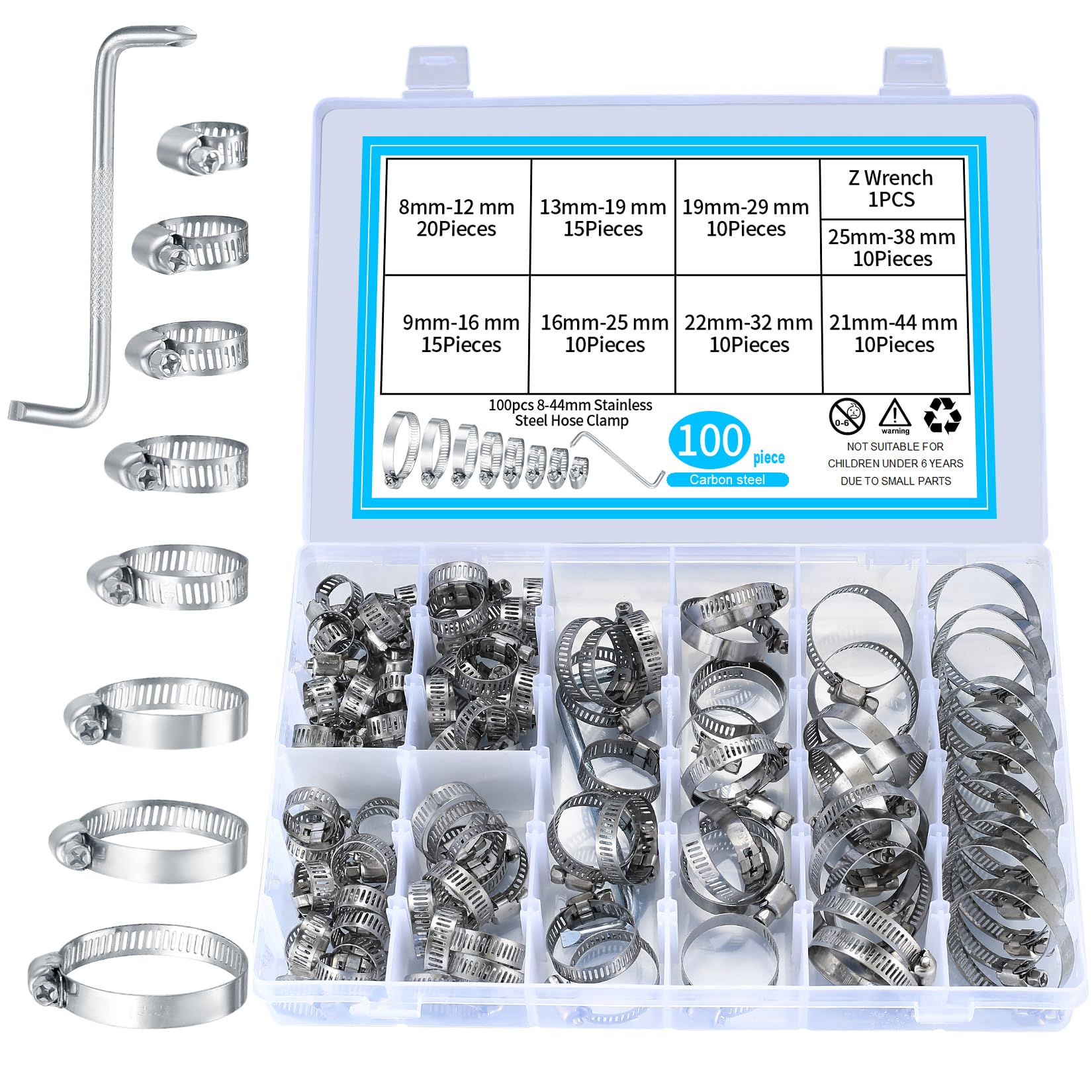 100 Pcs Hose Clips Adjustable 8-44mm Range, Stainless Steel Hose Clamps Assorted Kit, Water Pipes Hose Clamps Clips Assorted with Screwdriver for Water Pipe, Automobile Pipe