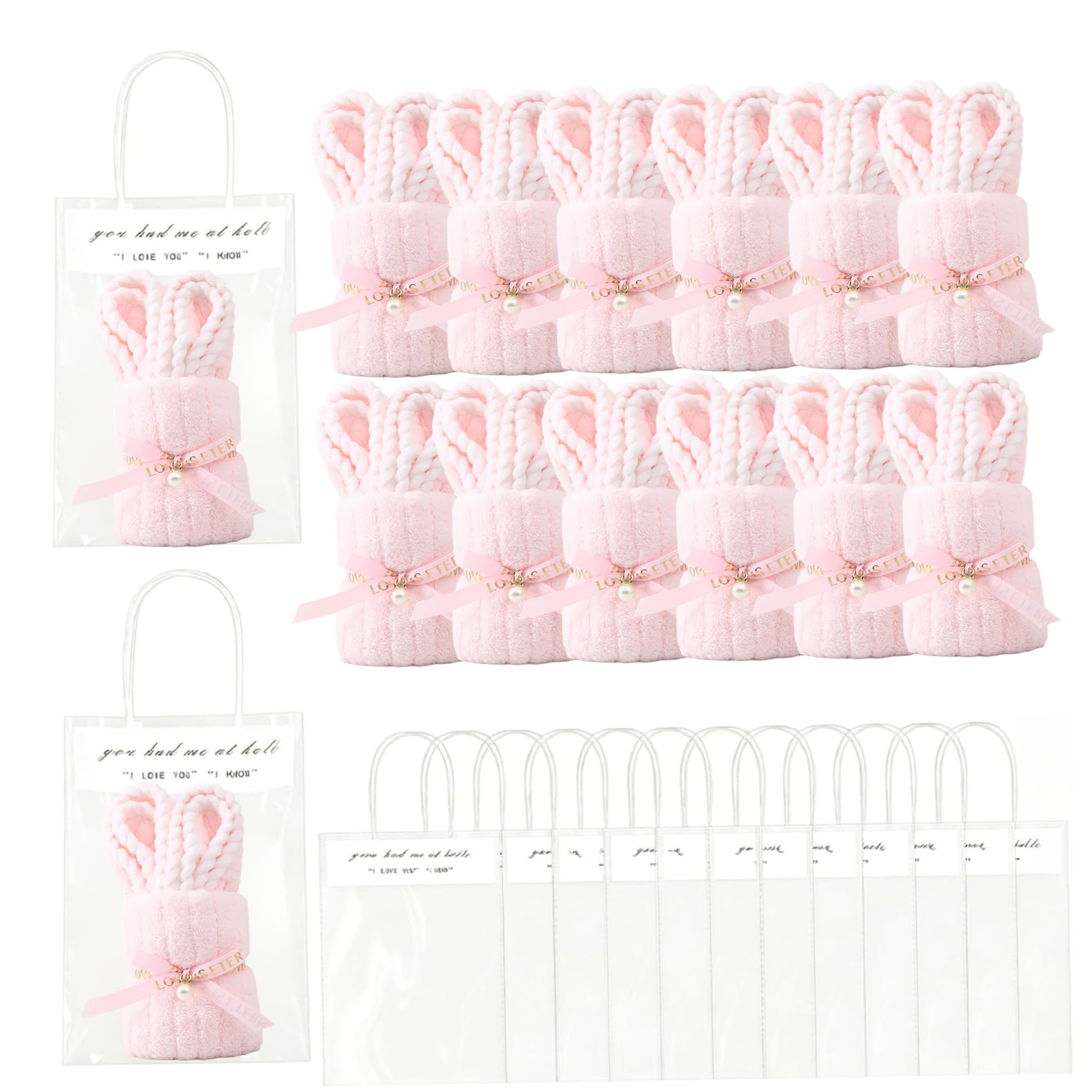 Gemuseeee 12 Set Coral Fleece Bunny Towels with Present Bag Baby Shower Favors for Guests 10x20 Inch - Style 1