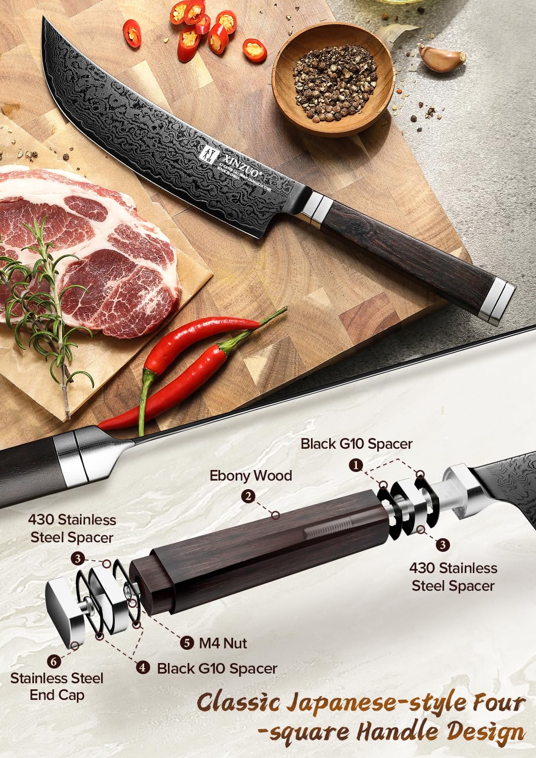 XINZUO Acero de Damasco 19cm Cuchillo de Trinchar de Cocina -Recubrimiento de Titanio Negro -Afilado Forjado Cuchillo Fileteador de Cocinero Profesional -Mango de Madera de Ébano -con Caja de Regalo
