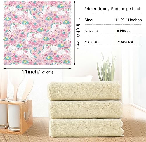 Miniatura 4 de linqin Pink Unicorns 6 Pack Absorbent Kitchen Microfiber Towels Print Cotton Rags Reusable for Restaurant Table